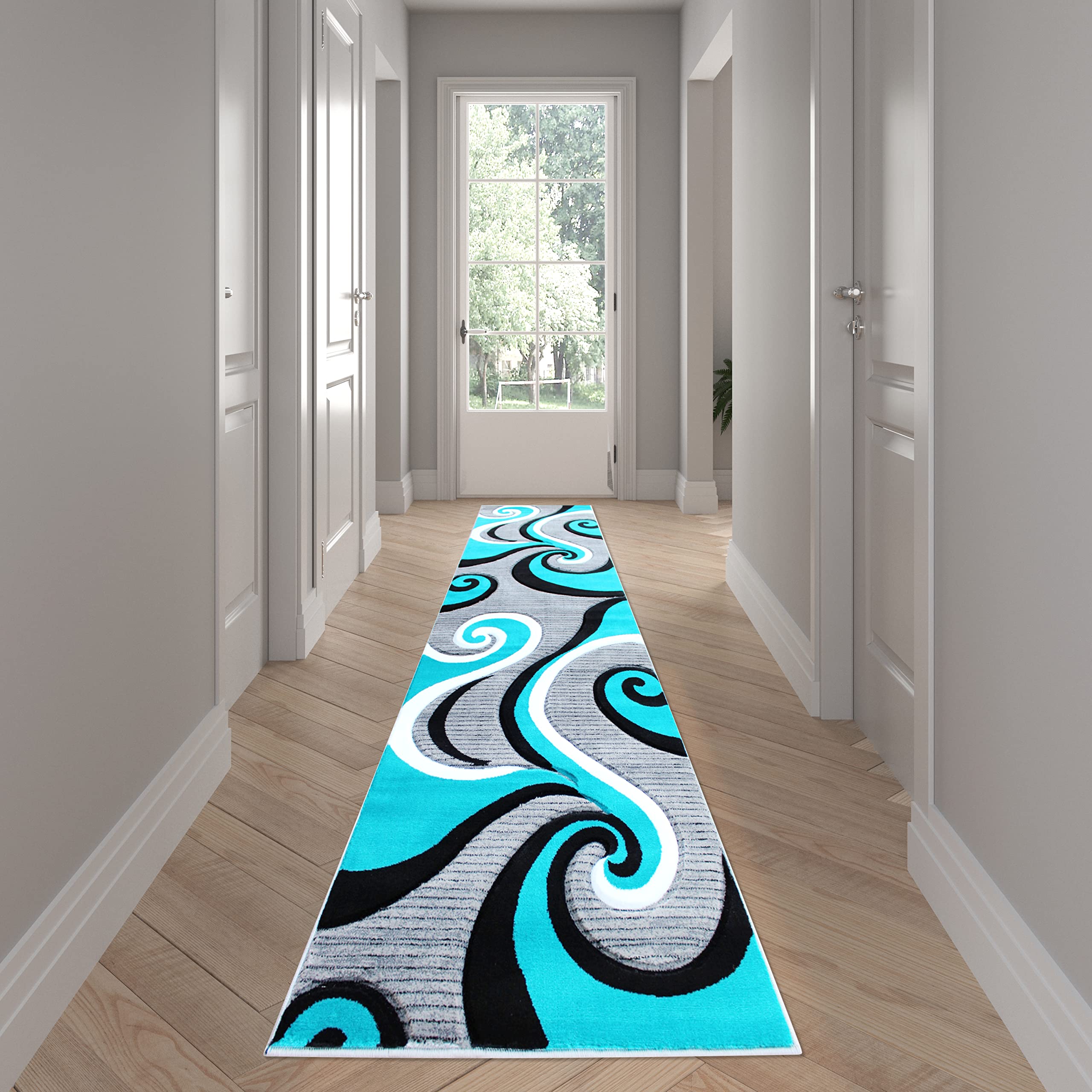 EMMA + OLIVER Modern 3x10 Feet Turquoise Accent Rug - Soft Modal Olefin Fabric with Contemporary Swirl Pattern & 3D Sculpted Texture - Stain Resistant with Jute Backing - Perfect for Living Room, Bedroom or Office Decor