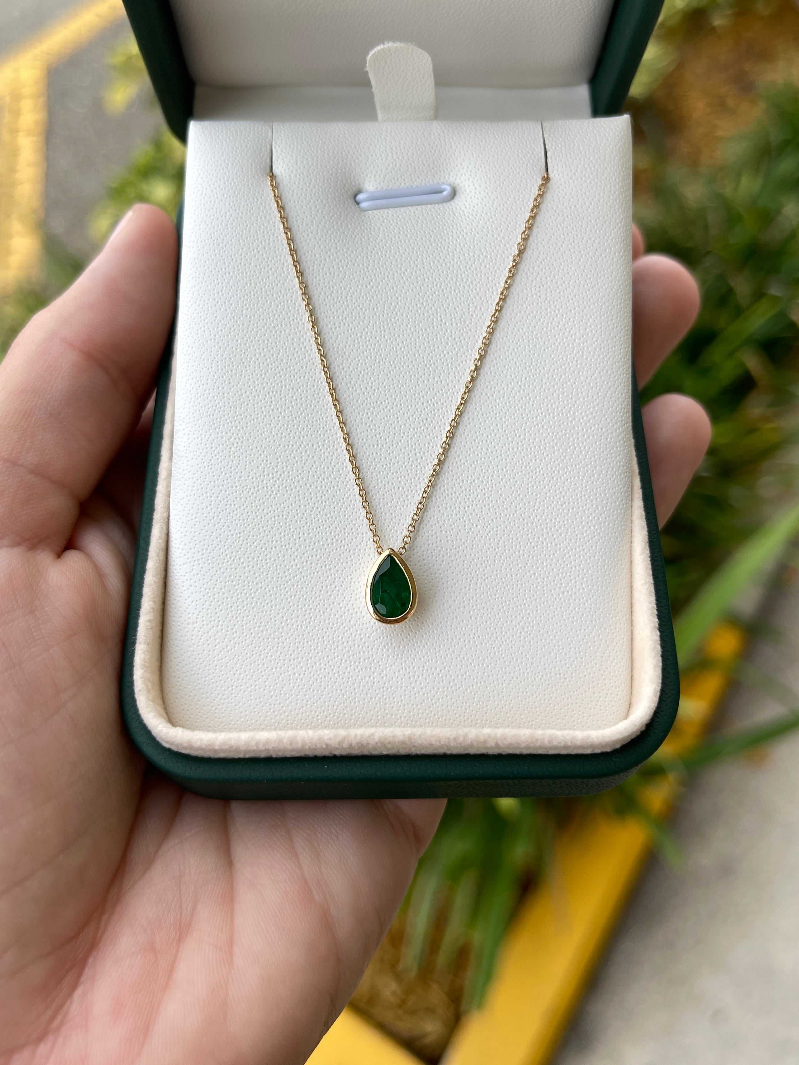 1.20 Carat Medium Rich Green Pear Cut Natural Emerald Bezel Slider Necklace 14K Gold - Elegant Jewelry for Women, Perfect for Weddings, Parties & Special Occasions