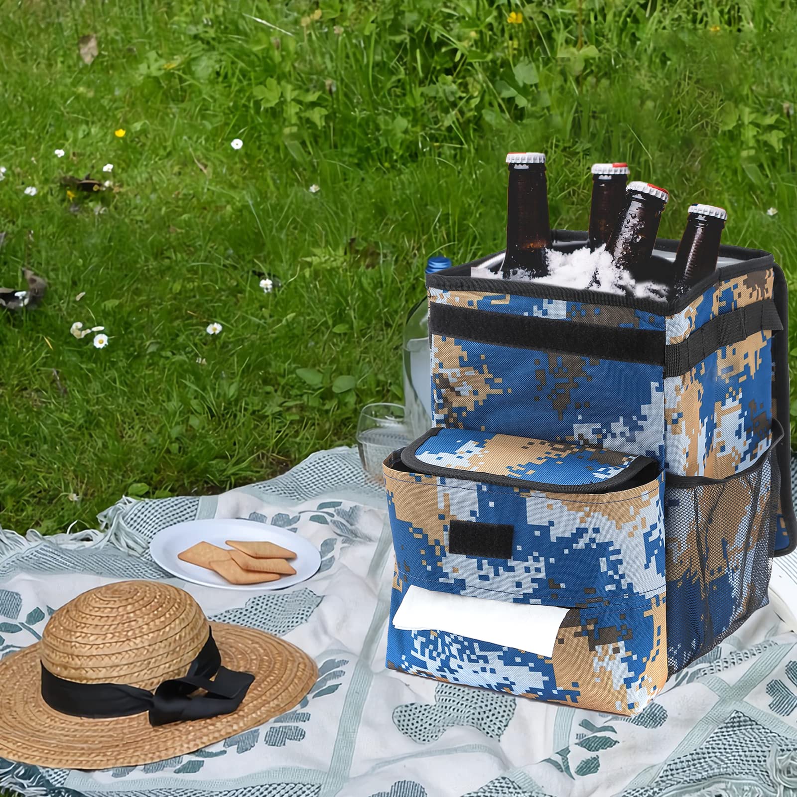 AUTODECO Waterproof Car Trash Can with Lid - 3 Gallon Vehicle Garbage Bin, Camouflage Blue - Perfect for Road Trips, Camping & Daily Commute