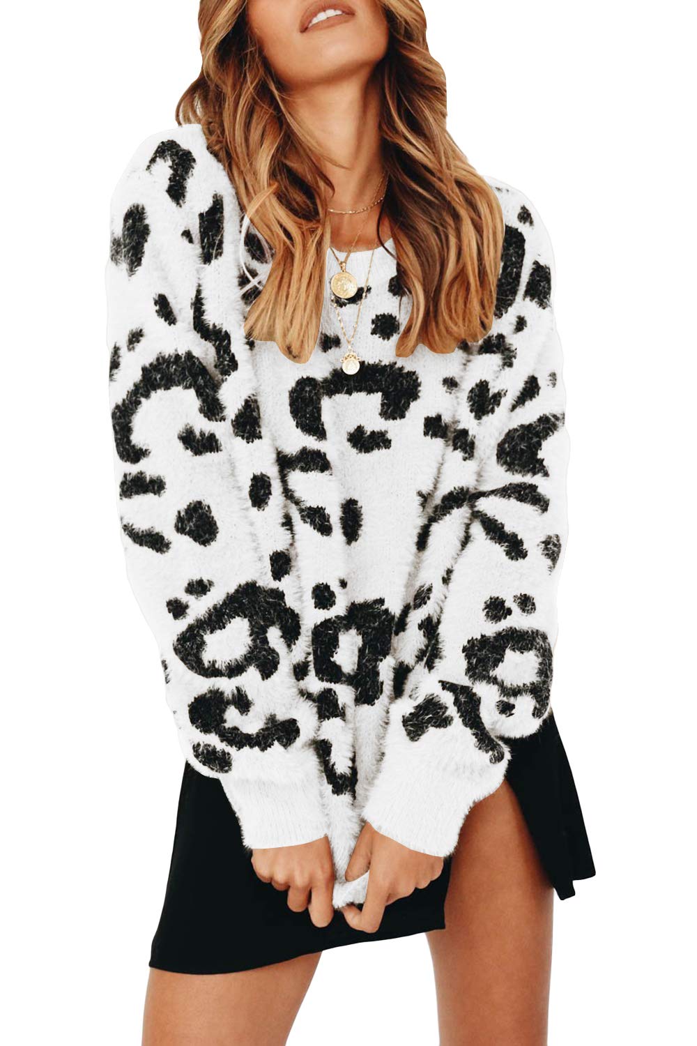 Women's Leopard Print Crewneck Sweater - Oversized Casual Loose Fit Sherpa Pullover Knit Jumper | Warm Winter Fashion for Streetwear, Office & Date Night Outfits