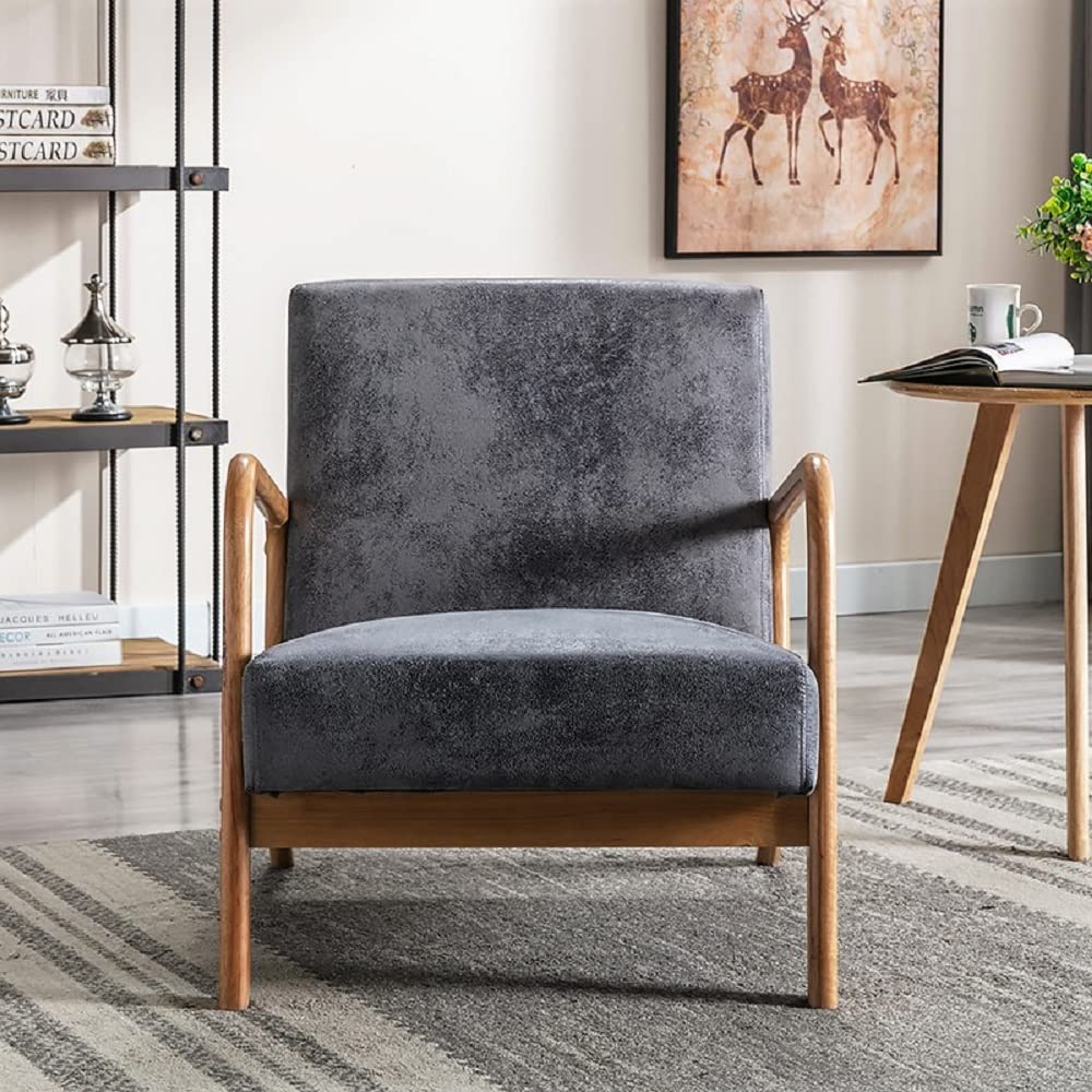 Mid Century Modern Accent Chair - Espresso Finish Open Frame Armchair with Plush Cushions & Faux Leather Upholstery for Living Room, Bedroom, Office - Stylish Grey Lounge Chair for Home Decor & Relaxation