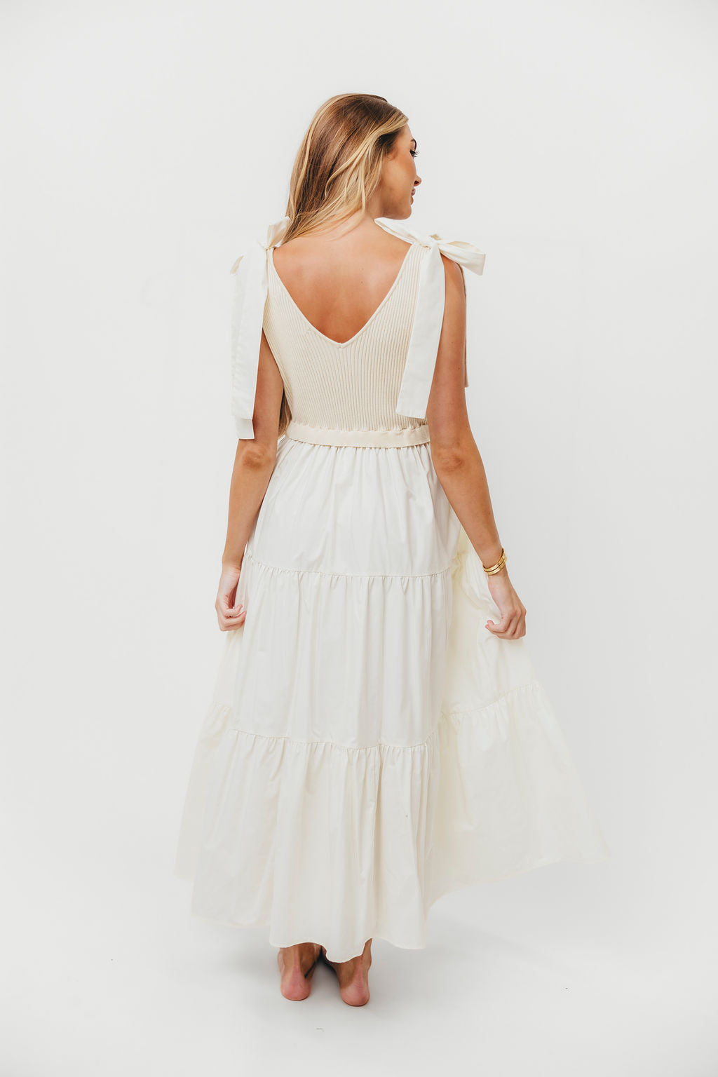 Gretchen 100% Cotton Knitted Sleeveless Tiered Maxi Dress in Cream | Summer Beach Wedding Dress, Boho Chic Maternity Dress, Casual Sundress for Women