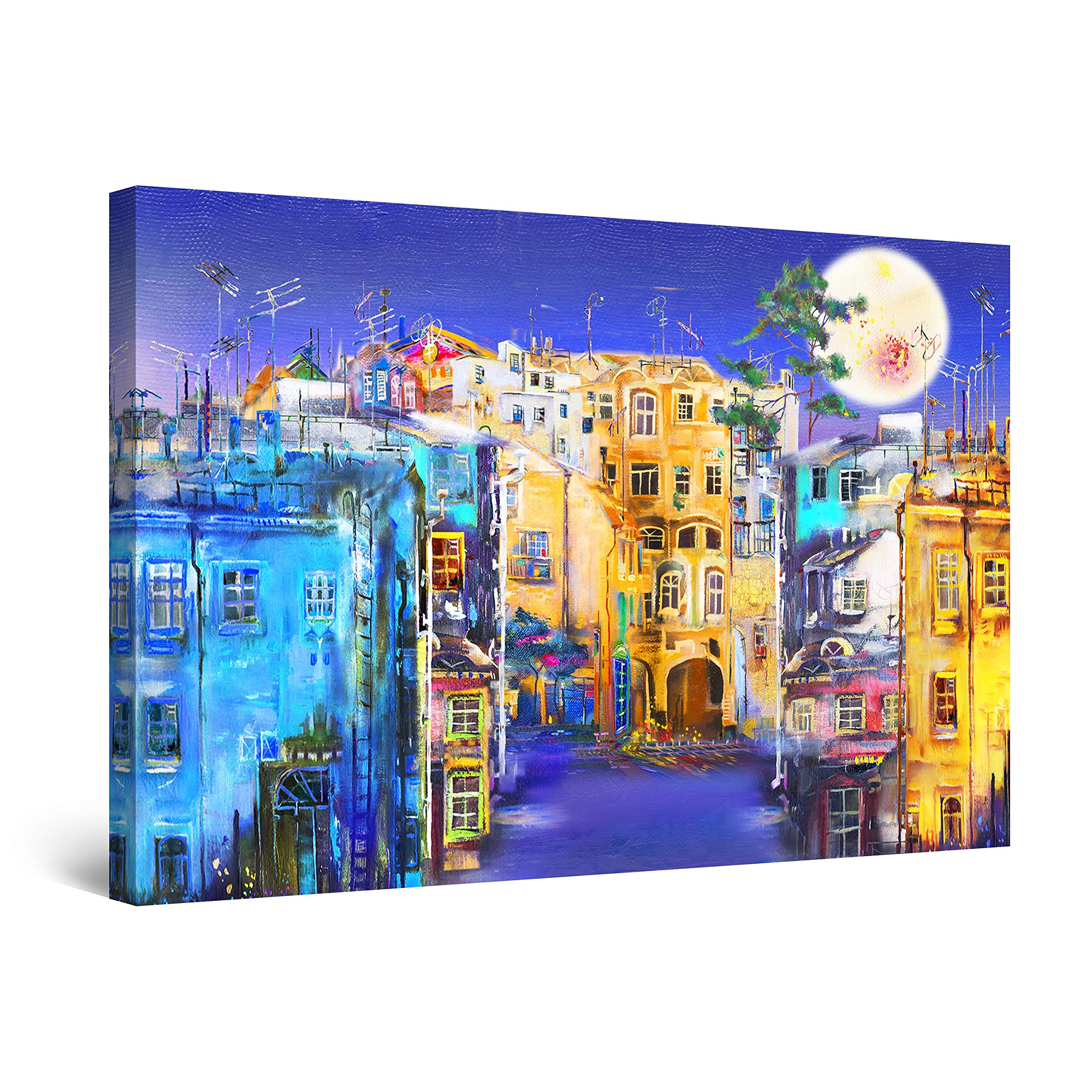 Startonight Abstract Canvas Wall Art - Happy Colors Urban Landscape & Moon Painting - Large 32x48 Inch Modern Art Print for Living Room, Bedroom & Office Decor - Perfect for Home & Commercial Spaces