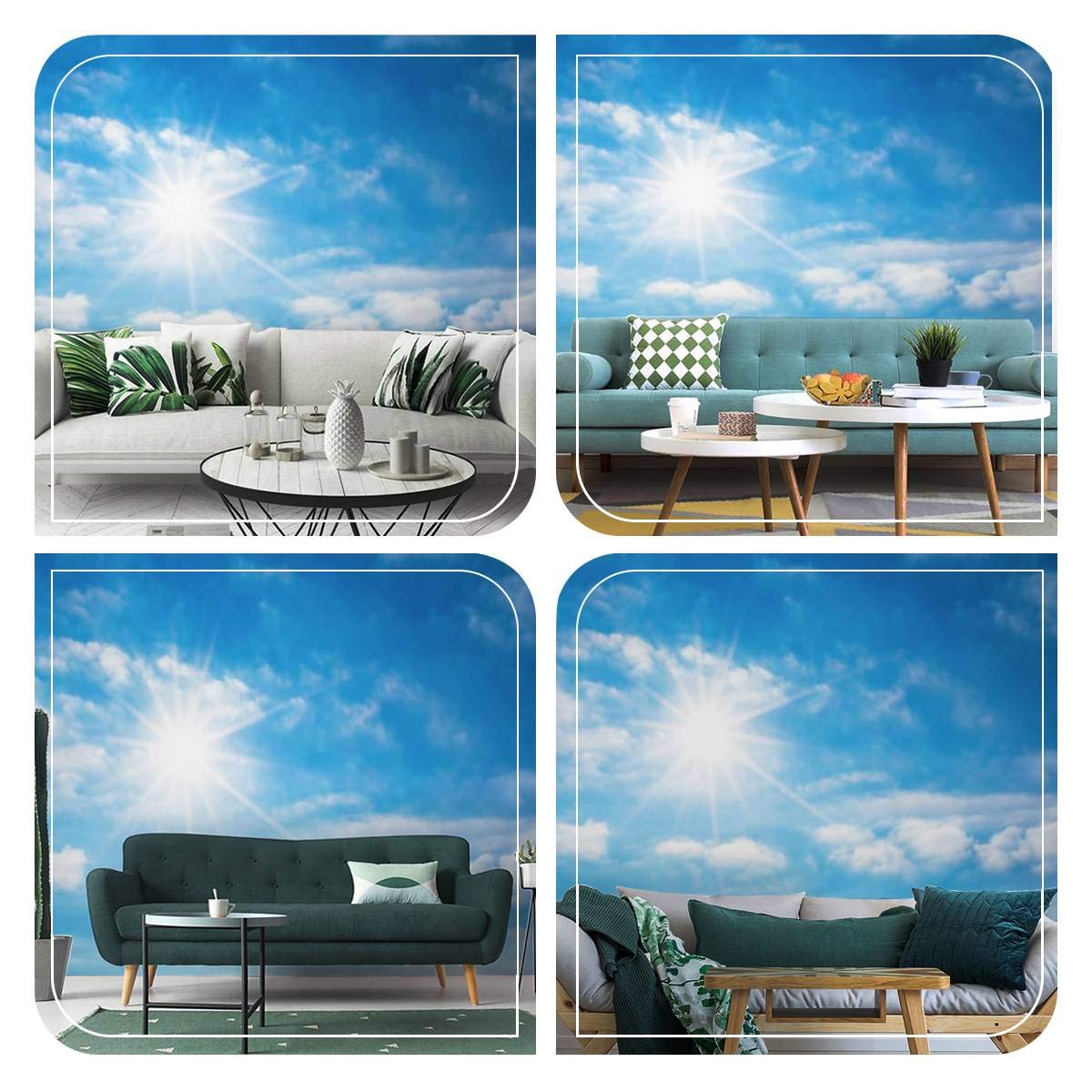 3D Self-Adhesive Wallpaper - Sun with Bright Rays in Blue Sky & White Clouds | Peel & Stick Wall Mural for Bedroom, Living Room, Dorm Decor | Easy to Apply on Walls, Ceiling & Wardrobes | Perfect for Home, Office & Nursery Renovation