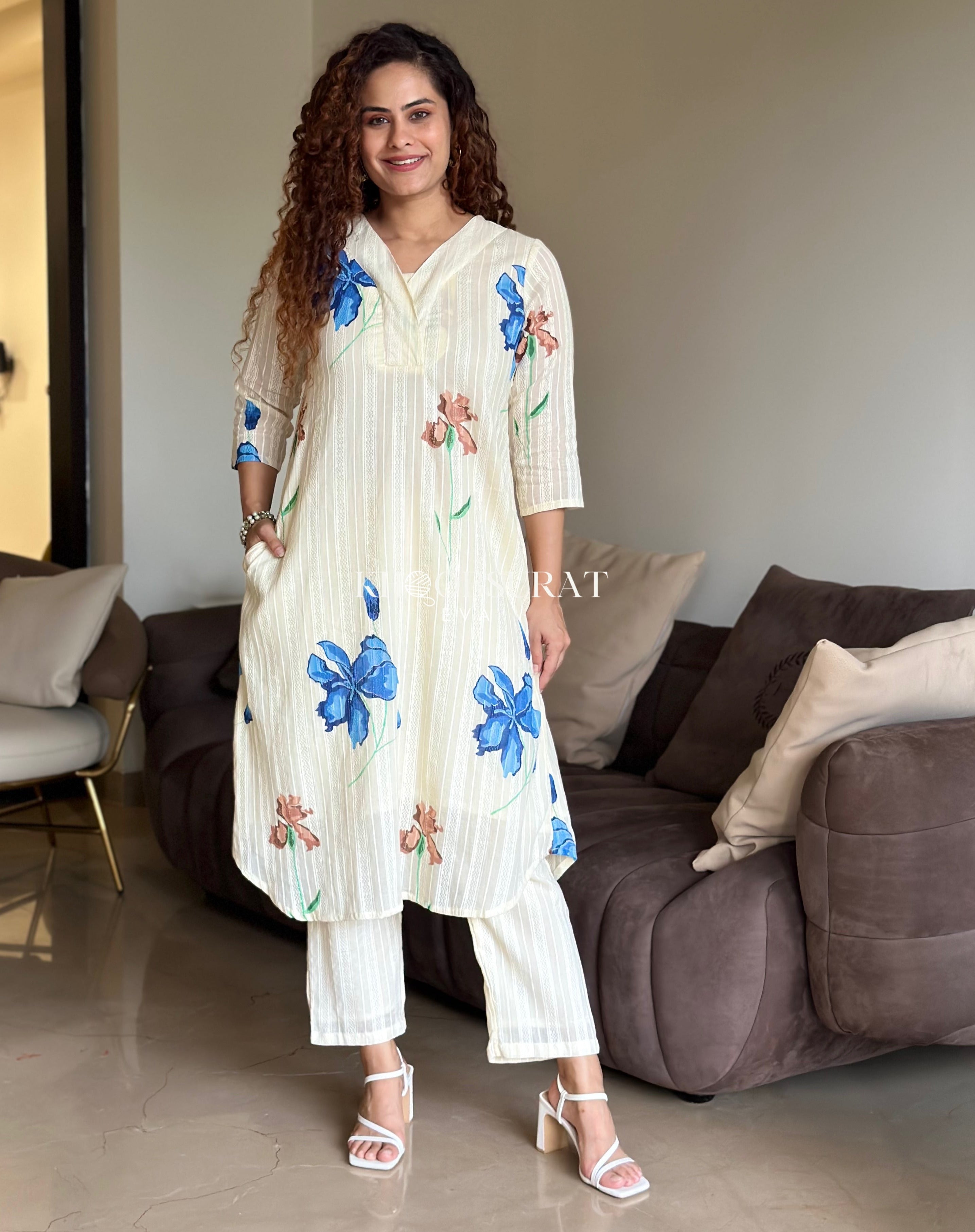 DEVI WHITE BLOOMING FLORAL KURTA SET - Elegant Indian Ethnic Wear for Women | Perfect for Festivals, Weddings & Special Occasions