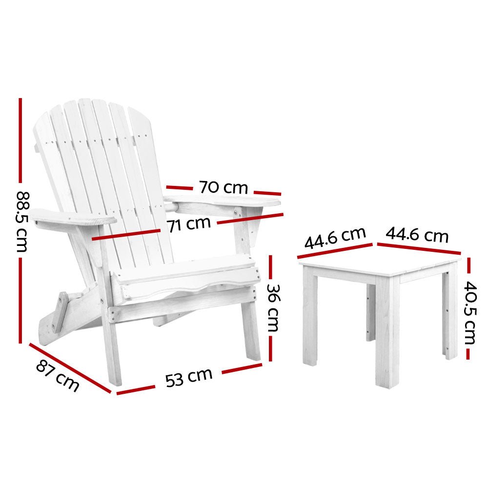 3-Piece White Wooden Foldable Adirondack Outdoor Table and Chairs Set - Perfect for Beach, Patio, Garden, and Backyard Relaxation