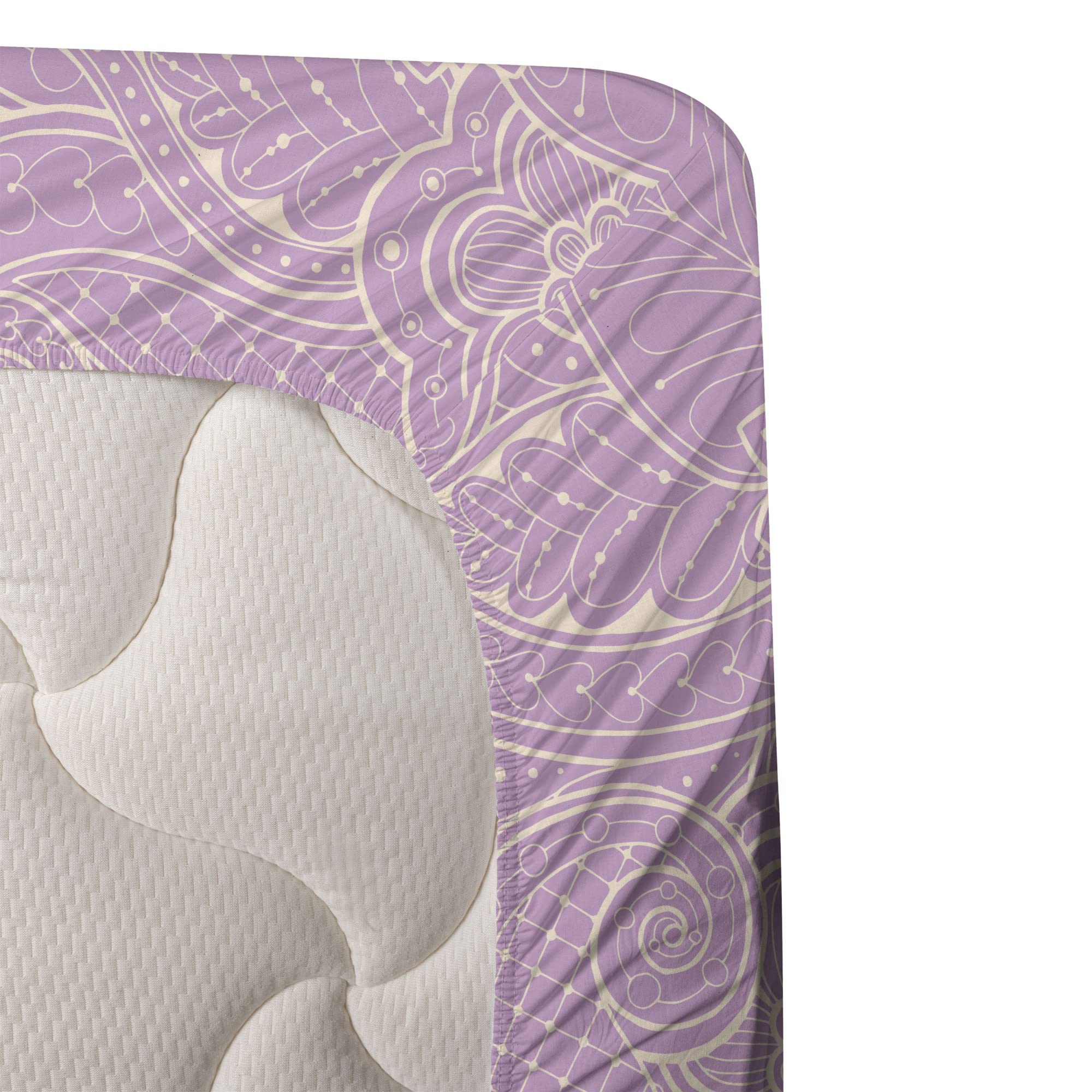 Ambesonne 4-Piece King Sheet Set - Monochrome Foliage Design with Paisley & Floral Patterns, Lavender Beige Bedding | Soft & Breathable for All Seasons | Perfect for Master Bedroom, Guest Room & Vacation Homes