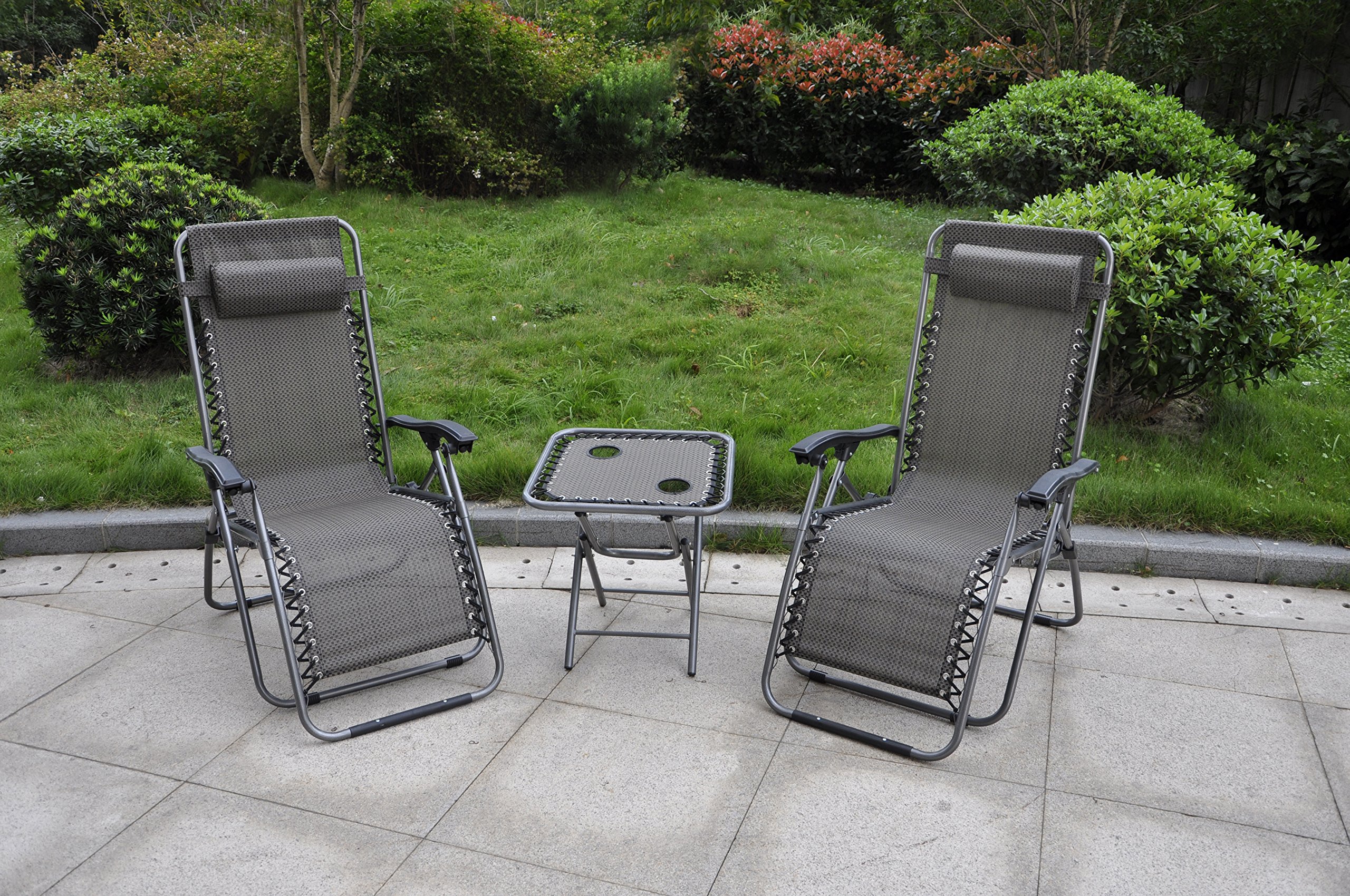 Premium Akari 3-Piece Zero Gravity Lounge Chair Set with Side Table - 2 Recliners & Foldable Table w/Cup Holders - Outdoor Patio, Poolside & Backyard Relaxation (Black)
