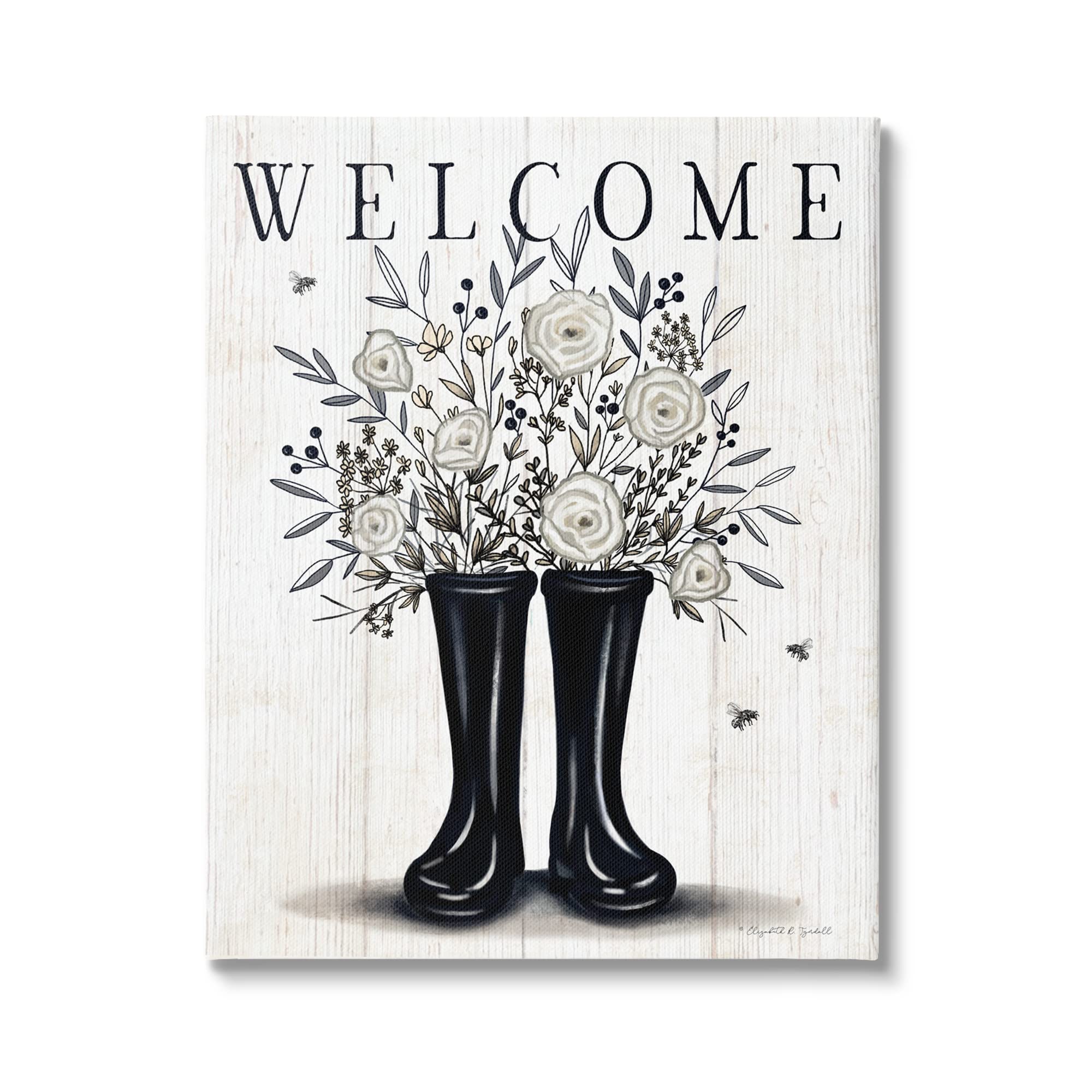 Stupell Industries Welcome White Roses Gardening Boots - Outdoor Insect Sign by Elizabeth Tyndall | Perfect for Garden Decor, Front Porch Welcome Sign & Country Home Decor