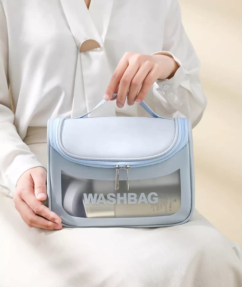 VALAMJI Clear PVC Zipper Cosmetic Travel Bag - Waterproof Toiletry Organizer for Makeup & Skincare - Portable Wash Bag for Women & Girls (Blue) - Perfect for Air Travel, Gym, Camping & Beach Trips