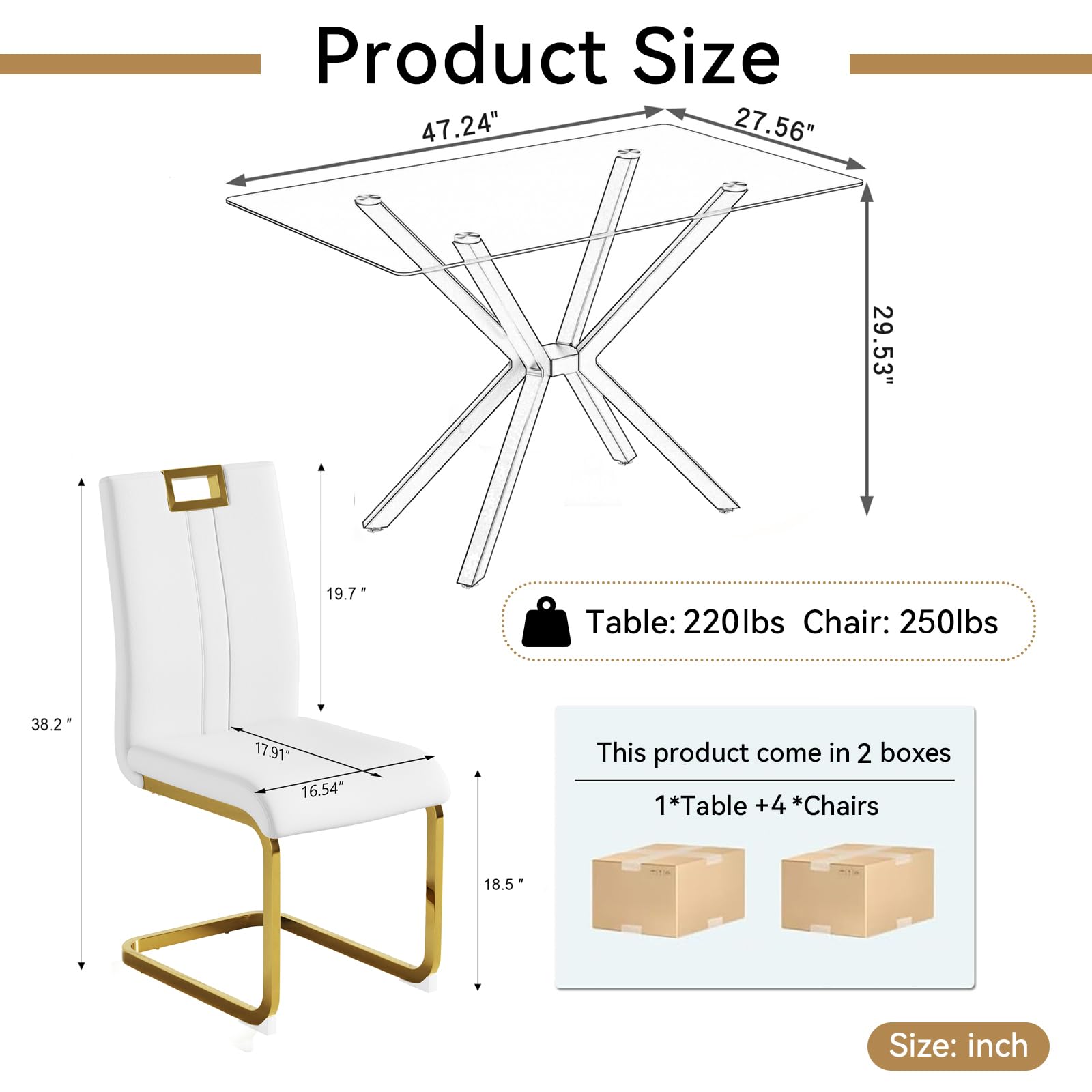 Modern Glass Dining Table Set for 4 with Gold Base - 5 Piece Kitchen Table & Chairs Set Includes 47