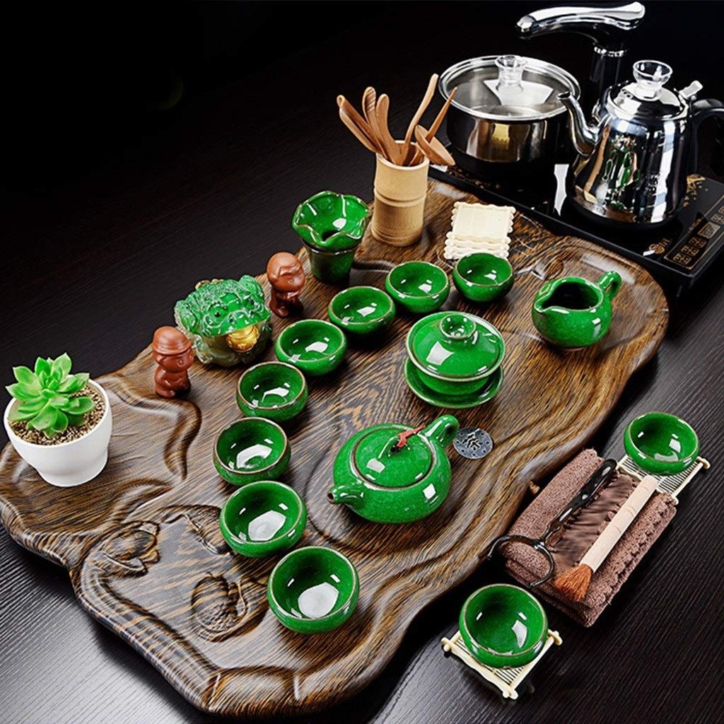 Premium Chinese Kung Fu Tea Set with Solid Wood Tea Tray - Complete Ceremonial Tea Service with Automatic Water Heater, Tea Cups & Drainage System - Perfect for Tea Ceremonies, Home Decor & Zen Meditation Spaces