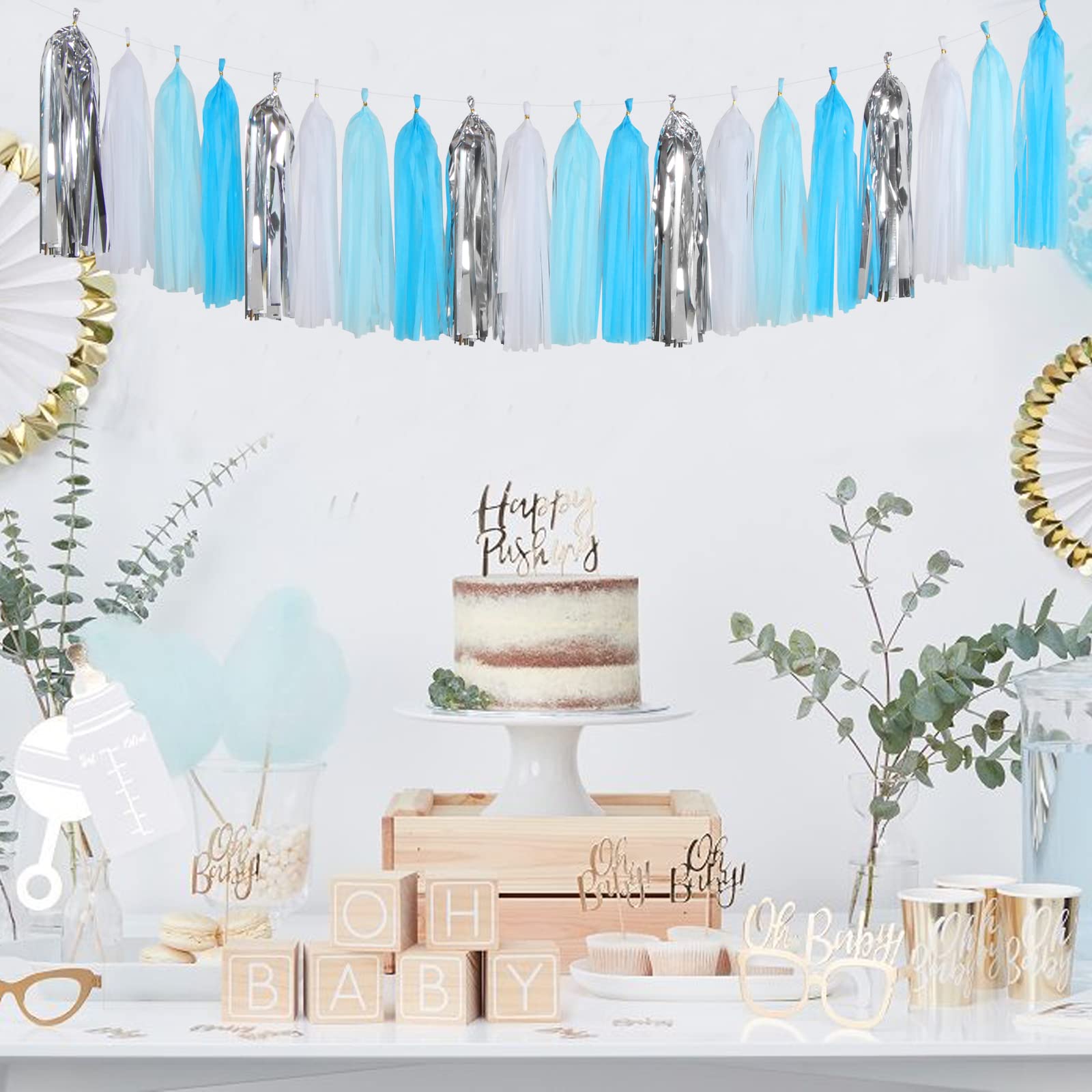 Royal-Light Blue Silver Party Decorations - 30pcs Tissue Pom Poms Streamers, Birthday Tassel Garland Banner for Wedding, Graduation, Baby Shower & Bridal Decor | Elegant Party Supplies for Home & Event Decoration