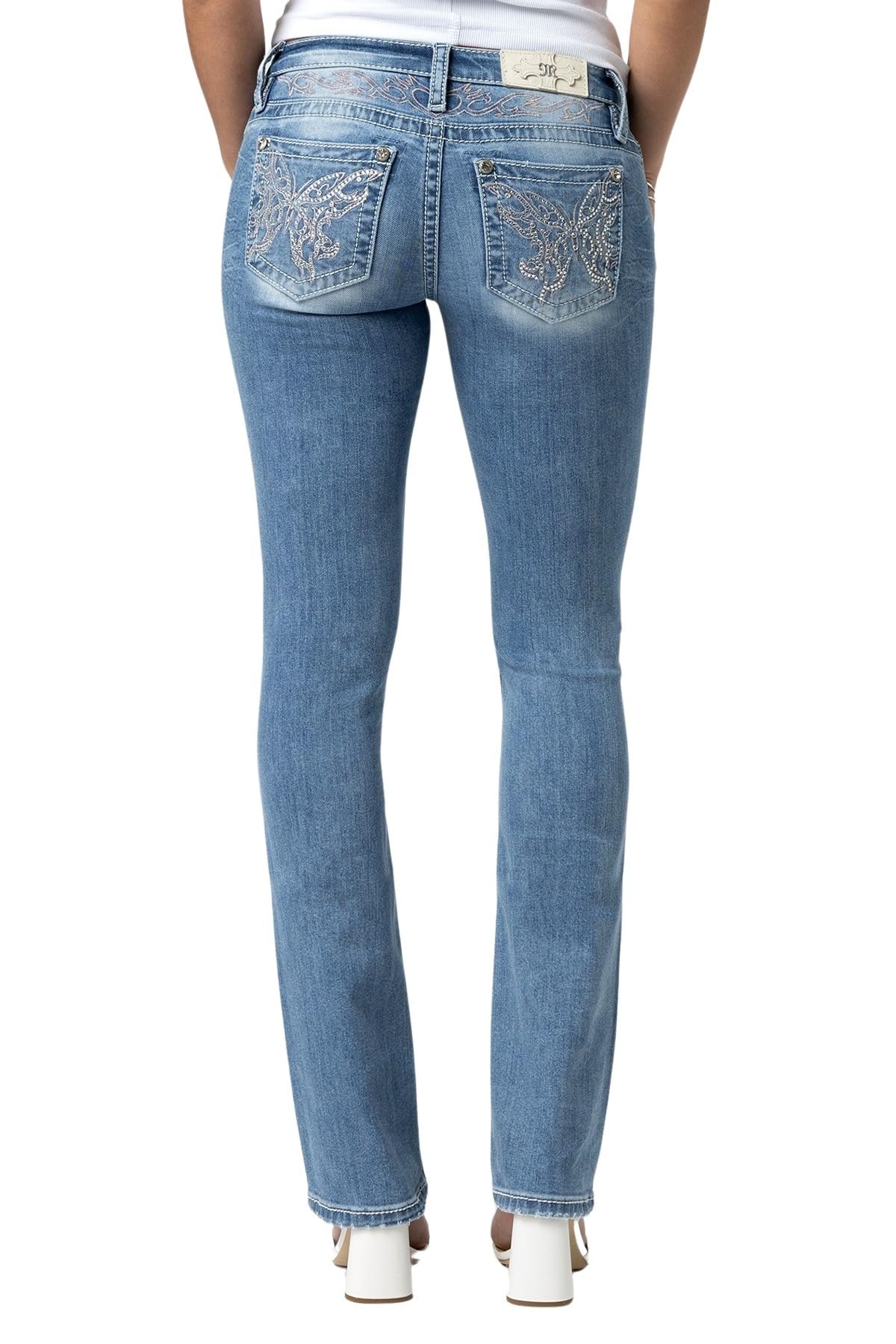 Miss Me Women's Butterfly Stitch Low-Rise Slim Bootcut Jeans - Stylish & Comfortable Denim Pants for Casual Wear, Night Out & Everyday Fashion