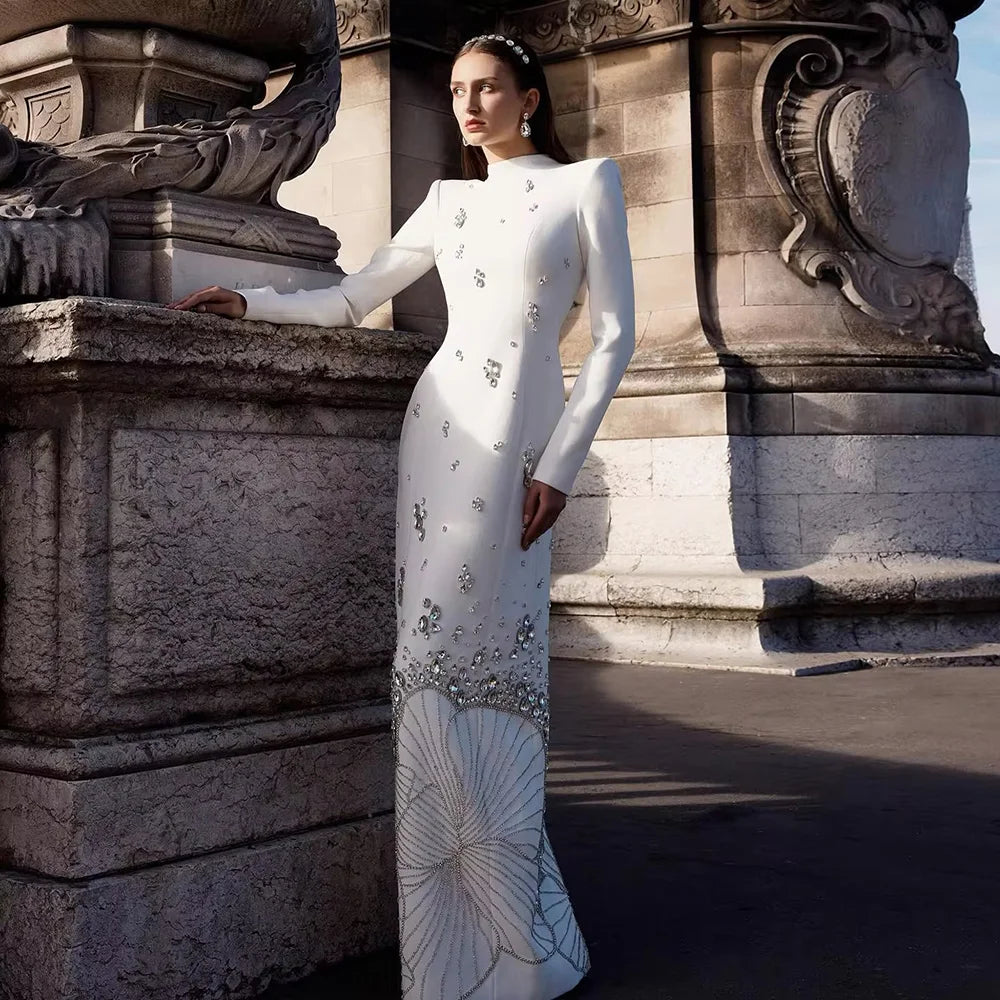Elegant Long Sleeve White Crystal Evening Gown for Muslim Women - Perfect for Weddings, Parties & Special Occasions