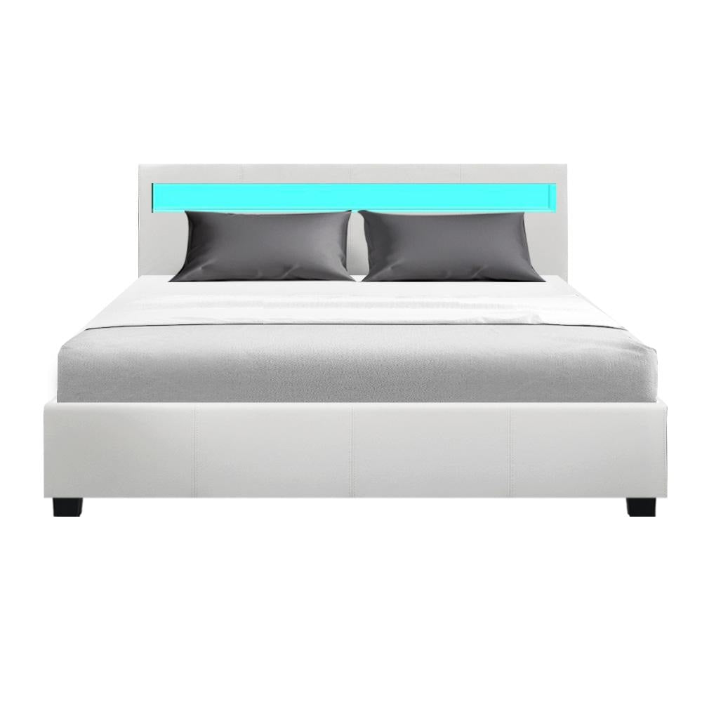 Cole LED Bed Frame with PU Leather Upholstery & Gas Lift Storage - White Queen Size for Modern Bedroom & Guest Room