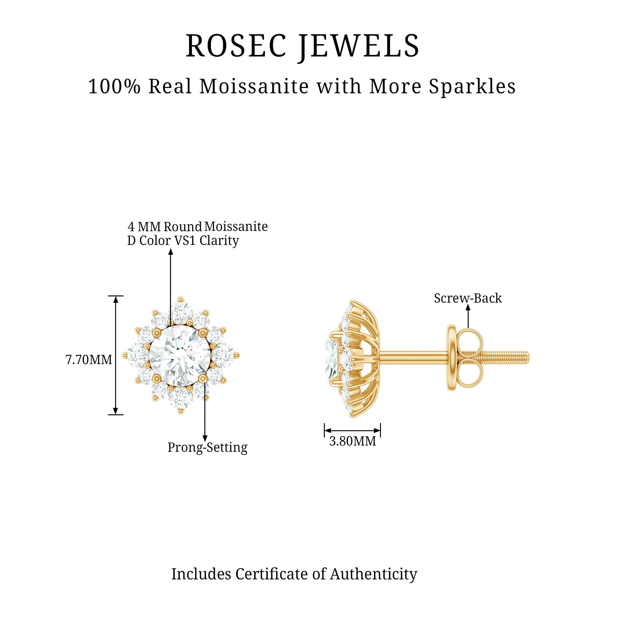 Certified Moissanite Diamond Halo Earrings - D-Vs1 Quality Stud Earrings with Jewelry Box - Perfect for Weddings, Anniversaries & Special Occasions