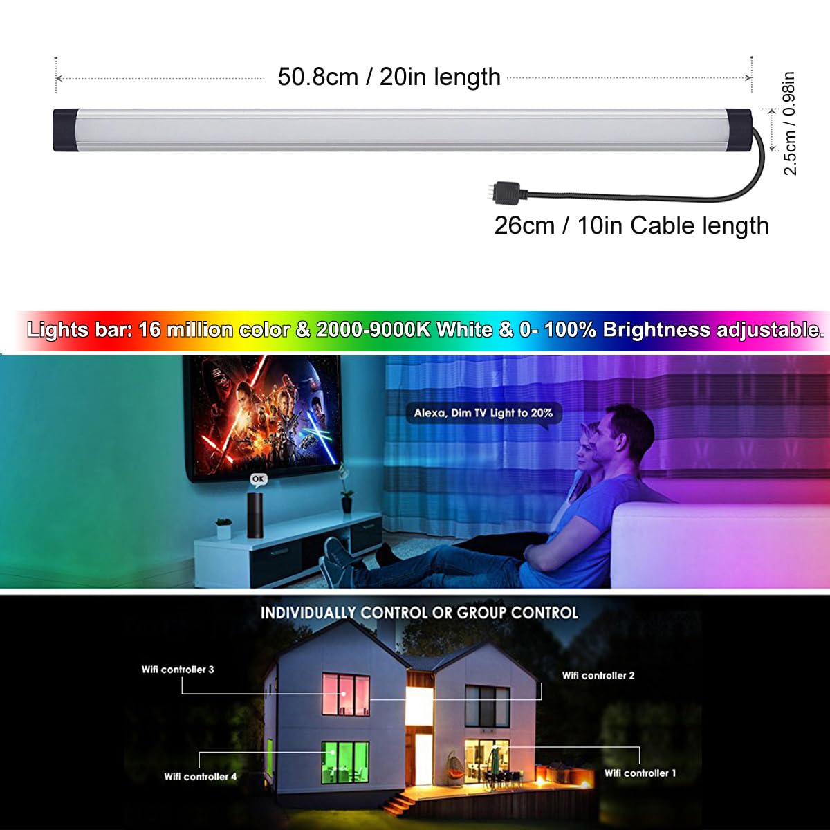 Dimmable Under Cabinet Lighting Kit - 20 Inch LED Light Bar with RF Remote & Alexa Control, Linkable RGB Smart Lights for Kitchen, Desk, Workbench, Shelf (1 Pack) - Perfect for Task Lighting and Ambient Decor