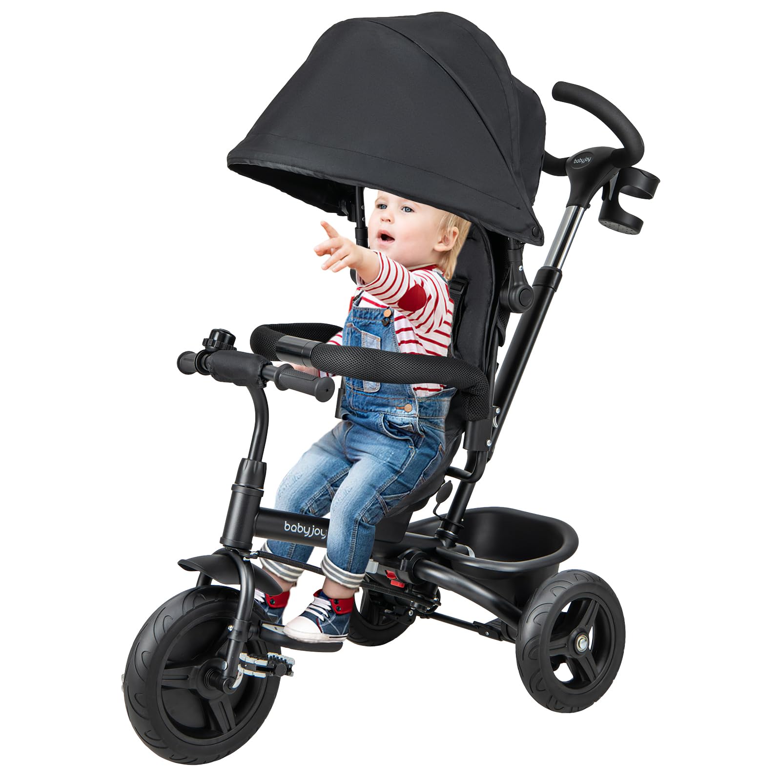 BABY JOY 6-in-1 Convertible Toddler Tricycle with Reversible Seat, Adjustable Canopy & Parent Push Handle - 5-Point Safety Harness, PU Wheels & Storage Basket - Ride-On Push Bike for Kids 9-60 Months (Black) - Perfect for Outdoor Play, Park Rides & Learning to Cycle