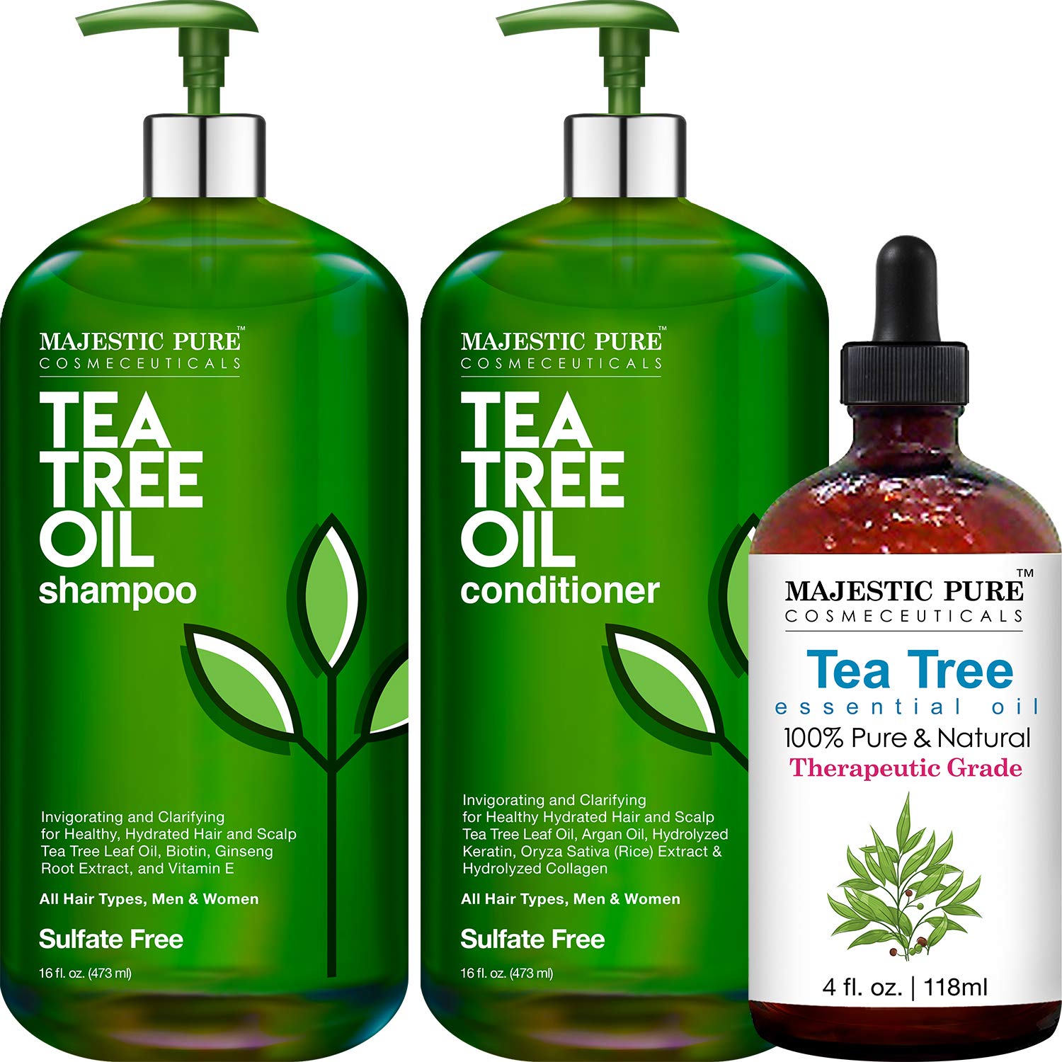 Majestic Pure Tea Tree Oil 4 fl oz & Shampoo Conditioner Set 16 fl oz Bundle - Natural Hair & Scalp Care for Dandruff, Itchy Scalp - Perfect for Daily Hair Wash & Aromatherapy