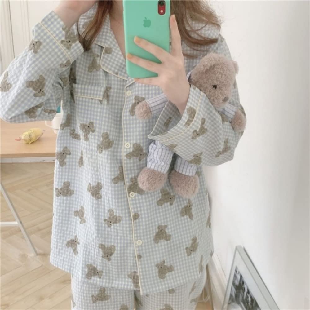 AUBERSIT Women's Cotton Pajama Set - Cute Bear Print Sleepwear, Soft & Comfortable Long Sleeve Pajamas for Fall/Winter, Blue, One Size - Perfect for Lounging, Sleepovers & Cozy Nights at Home