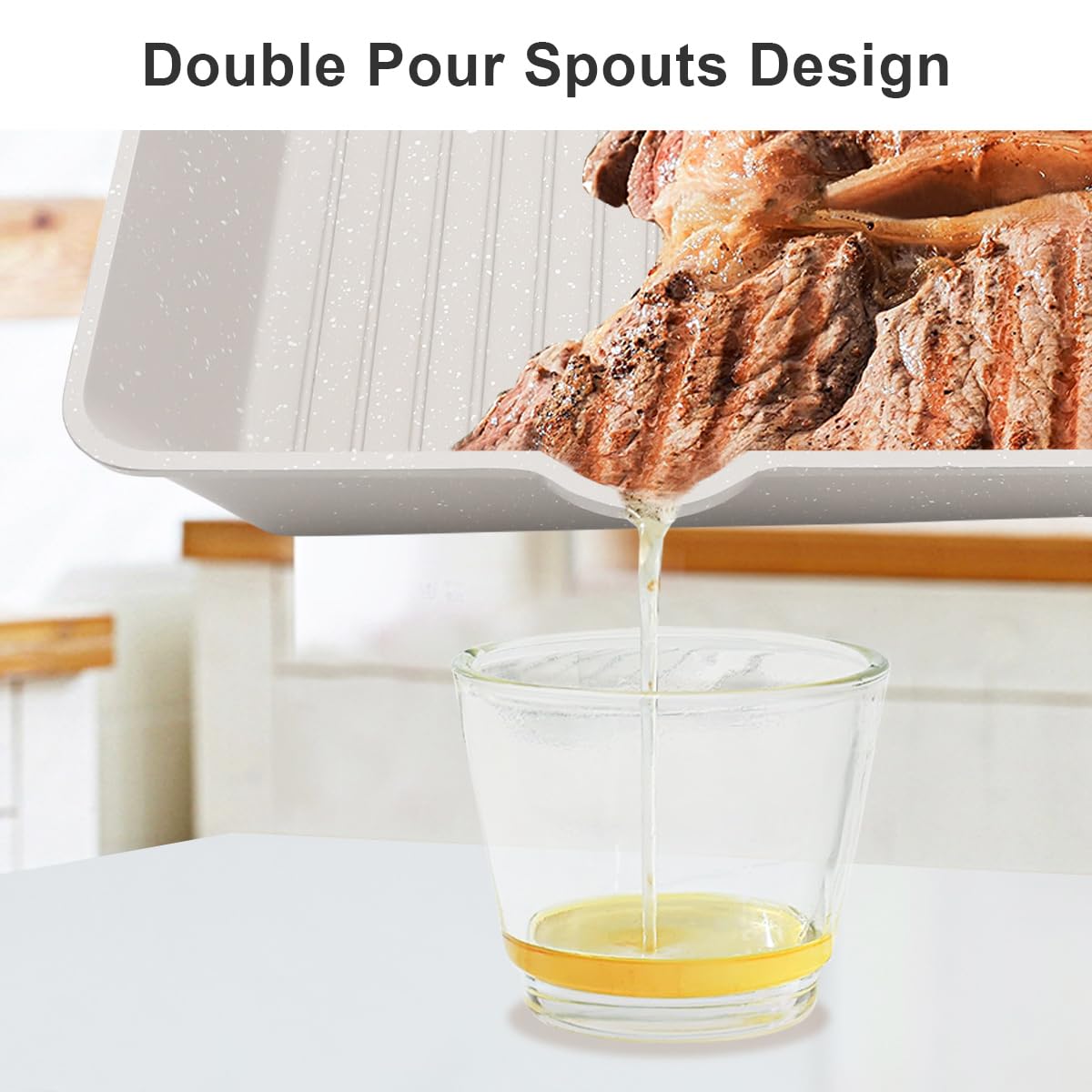 9.5 Inch Nonstick Square Grill Pan - Cast Aluminum Steak Pan with Detachable Handle, Oven & Dishwasher Safe, Double Pour Spouts (White) - Perfect for Indoor Grilling, BBQ, and Cooking Steaks, Burgers, and Vegetables