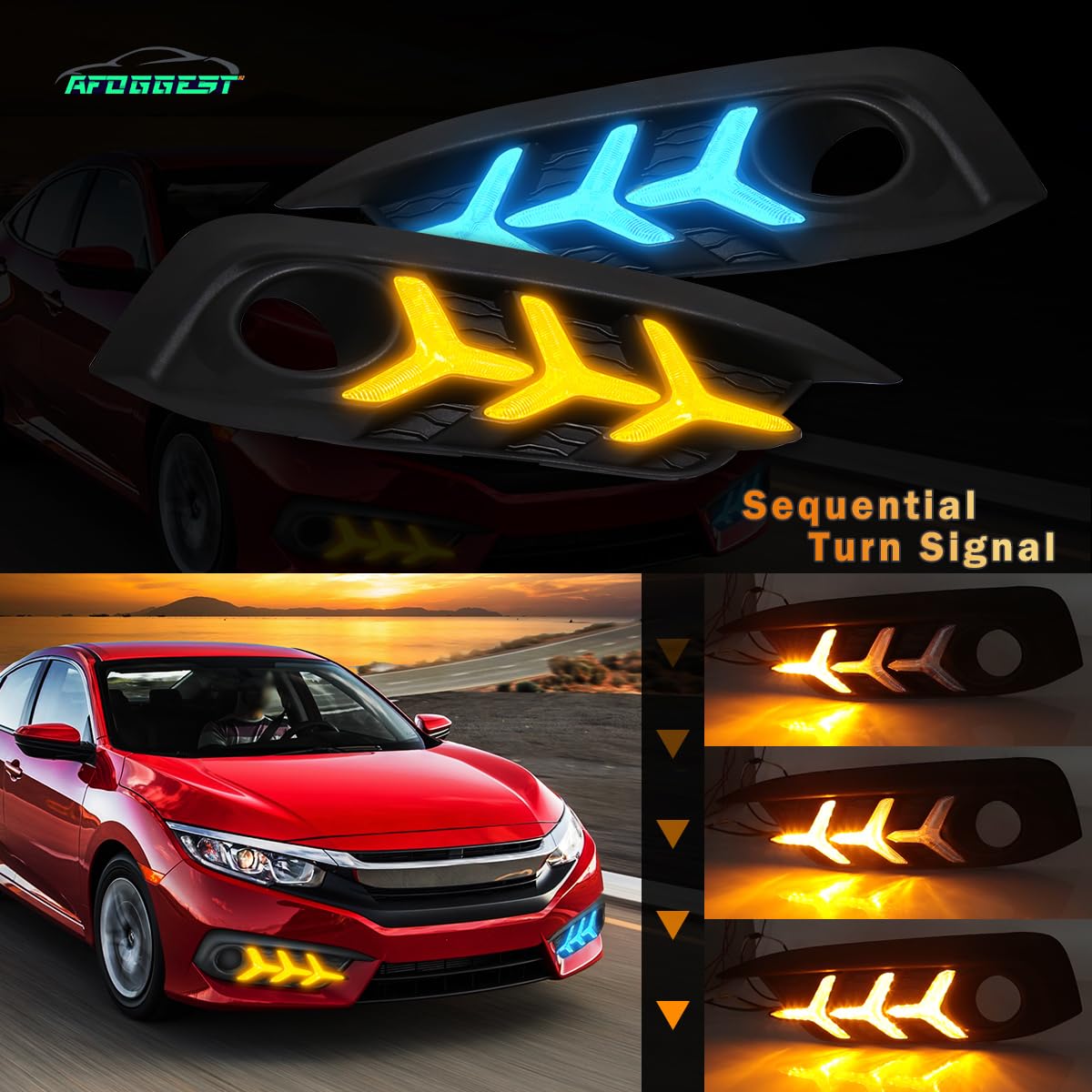 2016-2018 Honda Civic 10th Gen Sedan LED Daytime Running Lights (DRL) with Amber Turn Signal - 3 Color Fog Lights, Fish Bone Style - Upgrade for Better Visibility & Safety | Perfect for Night Driving & Foggy Conditions