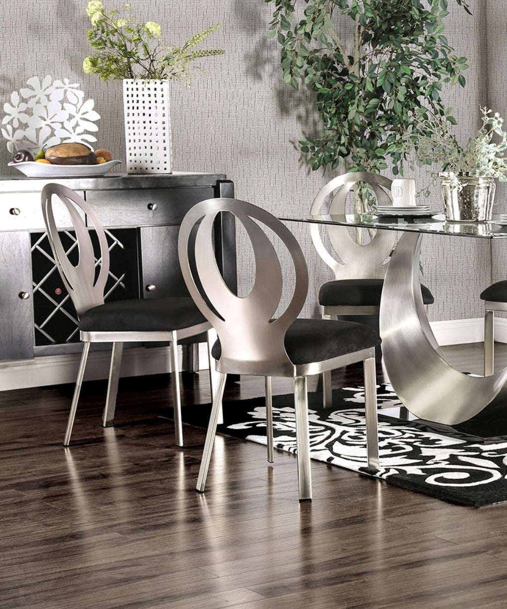 Modern Silver Metal Frame 2-Piece Dining Chairs Set with Black Microfiber Cushion & Oval Back Design - Elegant Kitchen & Dining Room Furniture for Home Decor