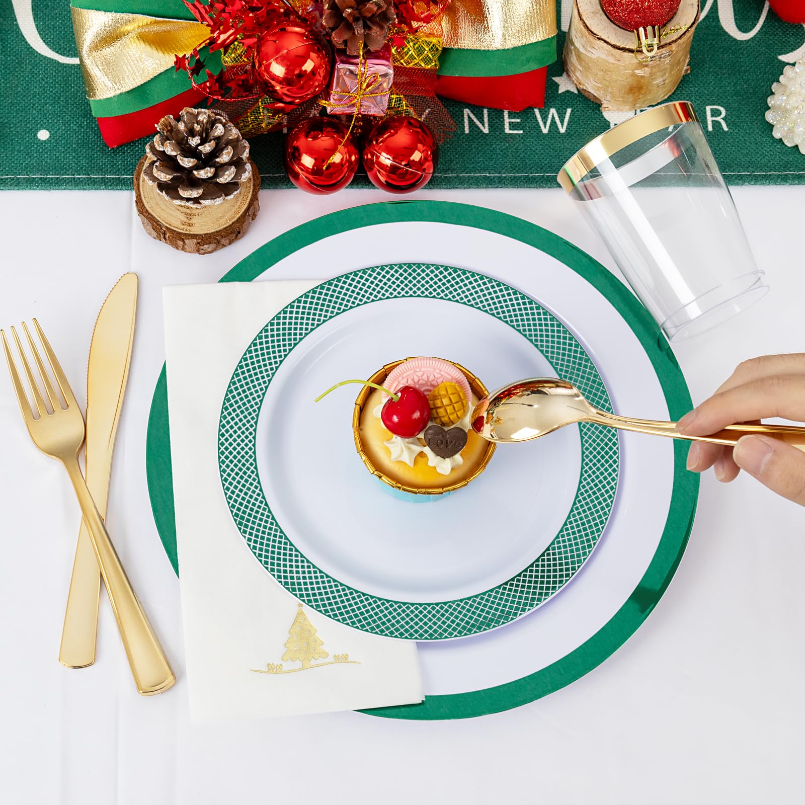 Ciaell 175-Piece Eco-Friendly Green Plastic Party Tableware Set - 25 Dinner Plates, 25 Dessert Plates, 25 Knives, 25 Forks, 25 Spoons, 25 Cups & 25 Napkins | Perfect for St. Patrick's Day, Birthday Parties, Weddings & Outdoor Events | Disposable & Durable Dinnerware for Easy Cleanup