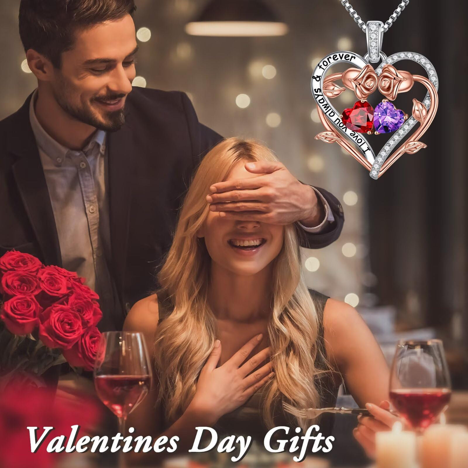 Rose Heart Double Birthstone Necklace for Women - Personalized Gemstone Jewelry Gift for Wife, Girlfriend, Mom, Grandma | Birthday, Anniversary, Valentine's Day Present - Perfect for Romantic Occasions & Special Celebrations