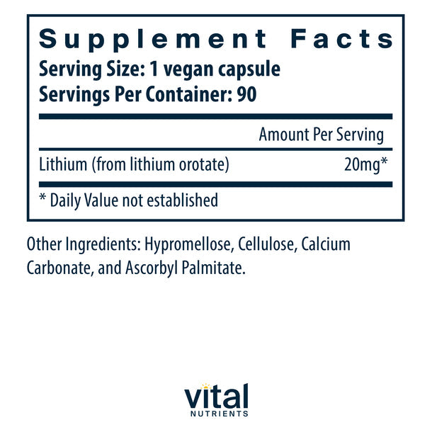 Vital Nutrients Lithium Orotate 20mg Supplement - Supports Mood Balance & Cognitive Health - Perfect for Stress Relief & Mental Wellness