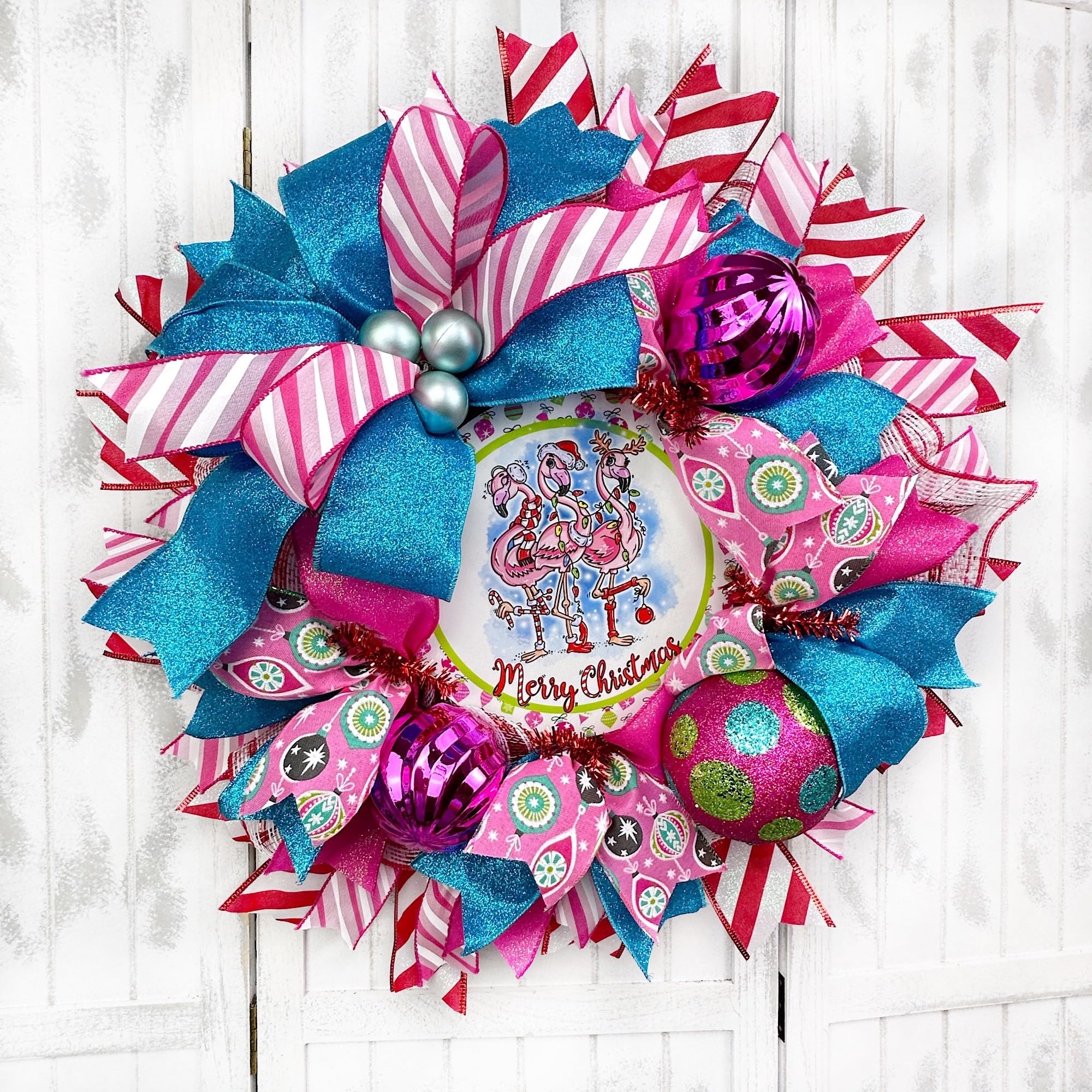Handmade Coastal Beach Nautical Flamingo Christmas Wreath with Ball Ornaments & Bow - Tropical Holiday Door Hanging Decor for Christmas, Coastal Homes, Beach Houses & Tropical Themed Parties