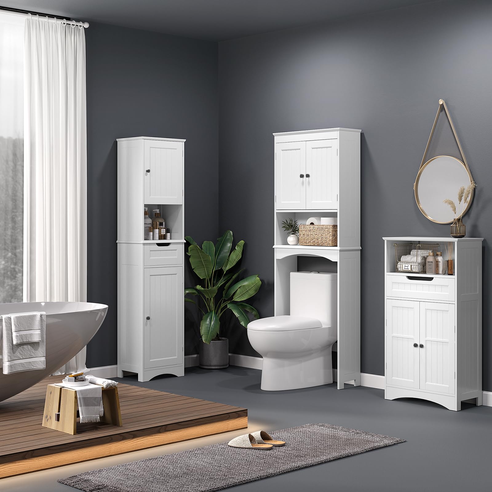 Bealife Over The Toilet Storage Cabinet with Adjustable Open Shelf & Double Doors - White | Bathroom Organizer for Towels, Toiletries & Cleaning Supplies | Space-Saving Freestanding Design for Small Bathrooms