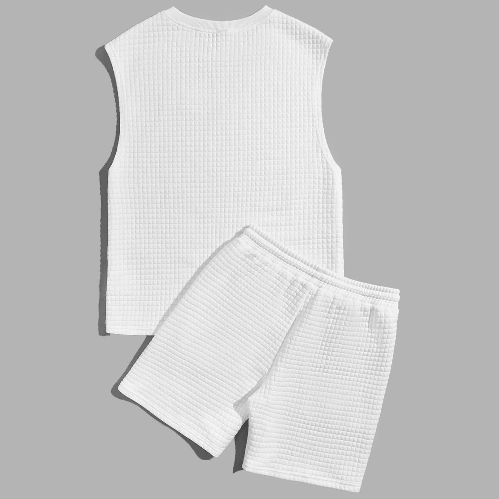 Men's Waffle Knit Tank Top & Shorts 2-Piece Summer Outfit - Breathable Short Sleeve Athletic Set for Gym, Running & Casual Wear