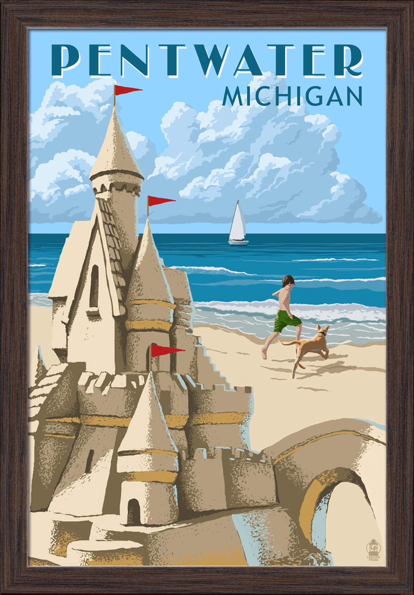 Pentwater Michigan Sandcastle - 16x24 Giclee Fine Art Print with Recycled Wood Frame in Espresso Brown - Perfect for Beach House Decor, Coastal Living Room, or Lake Cottage Wall Art