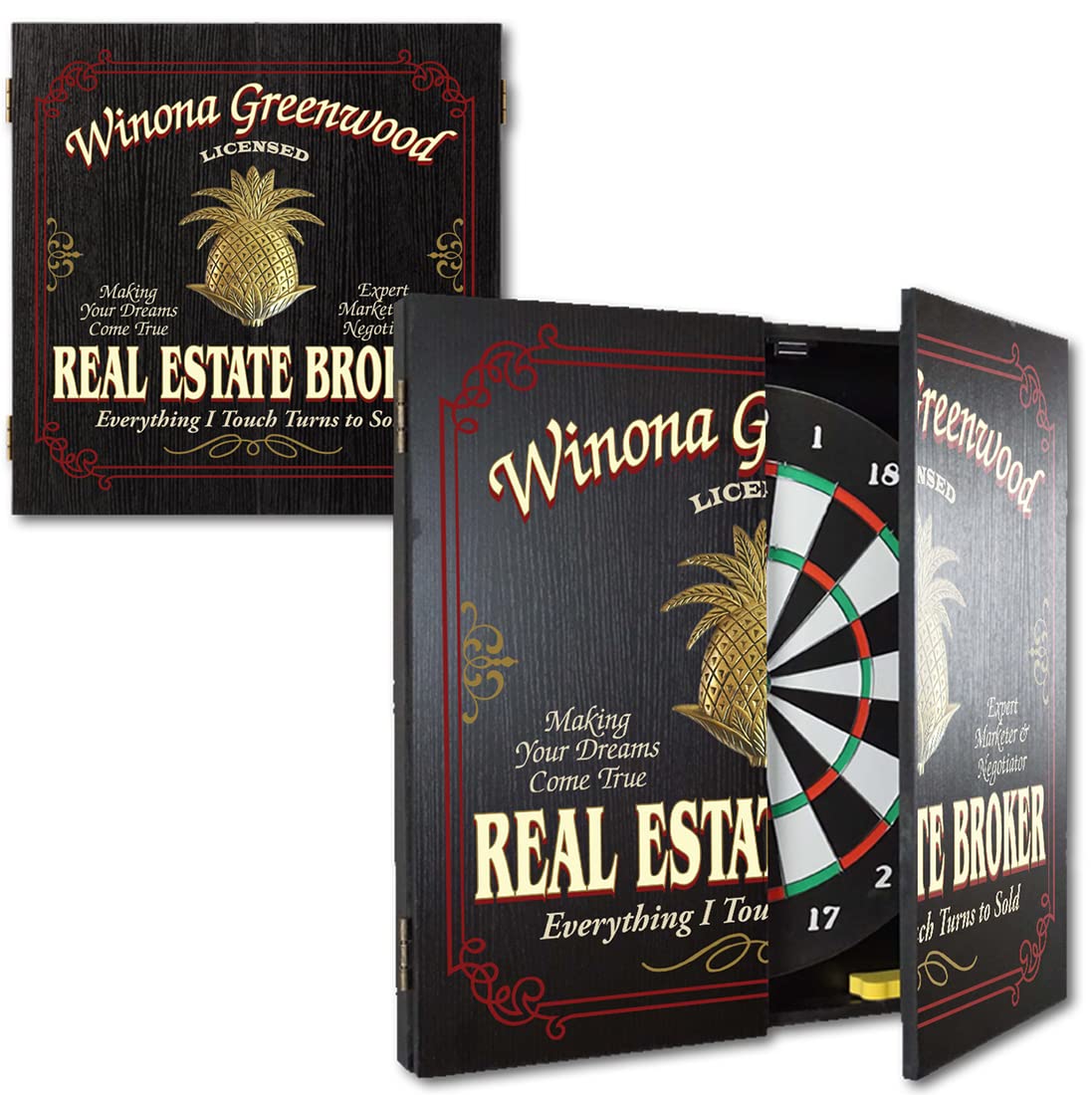 THOUSAND OAKS BARREL CO. Personalized Dartboard & Cabinet Set - Professional Steel Tip Dart Board for Adults with 6 Darts, Eraser & Chalk Scoreboard - Perfect for Game Rooms, Bars & Man Caves