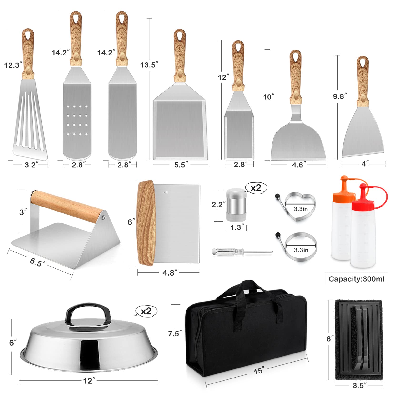 Joyfair 19-Piece Griddle Accessories Kit with Melting Domes - Stainless Steel BBQ Turners, Basting Cover, Burger Press & Scrapers for Flat Top Grill - Perfect for Outdoor Camping, Teppanyaki Cooking & Backyard BBQs - Includes Convenient Carry Bag