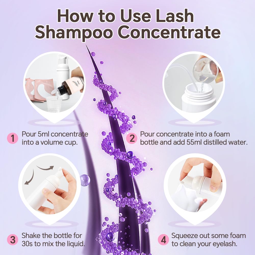 Lash Shampoo Concentrate 100ml - Oil-Free Eyelash Cleanser with Brush for Lash Extensions | Perfect for Daily Lash Care