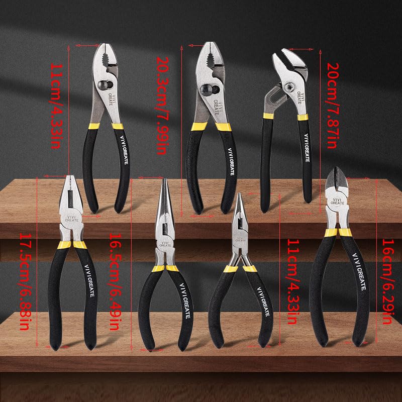Vivicreate 7-Piece Heavy Duty Pliers Set - Multipurpose Tool Kit for Home Repair, DIY Projects & Auto Electrical Work (Includes Long Nose, Slip Joint, Linesman & Diagonal Cutters) - Perfect for Plumbing, Wiring & Automotive Maintenance