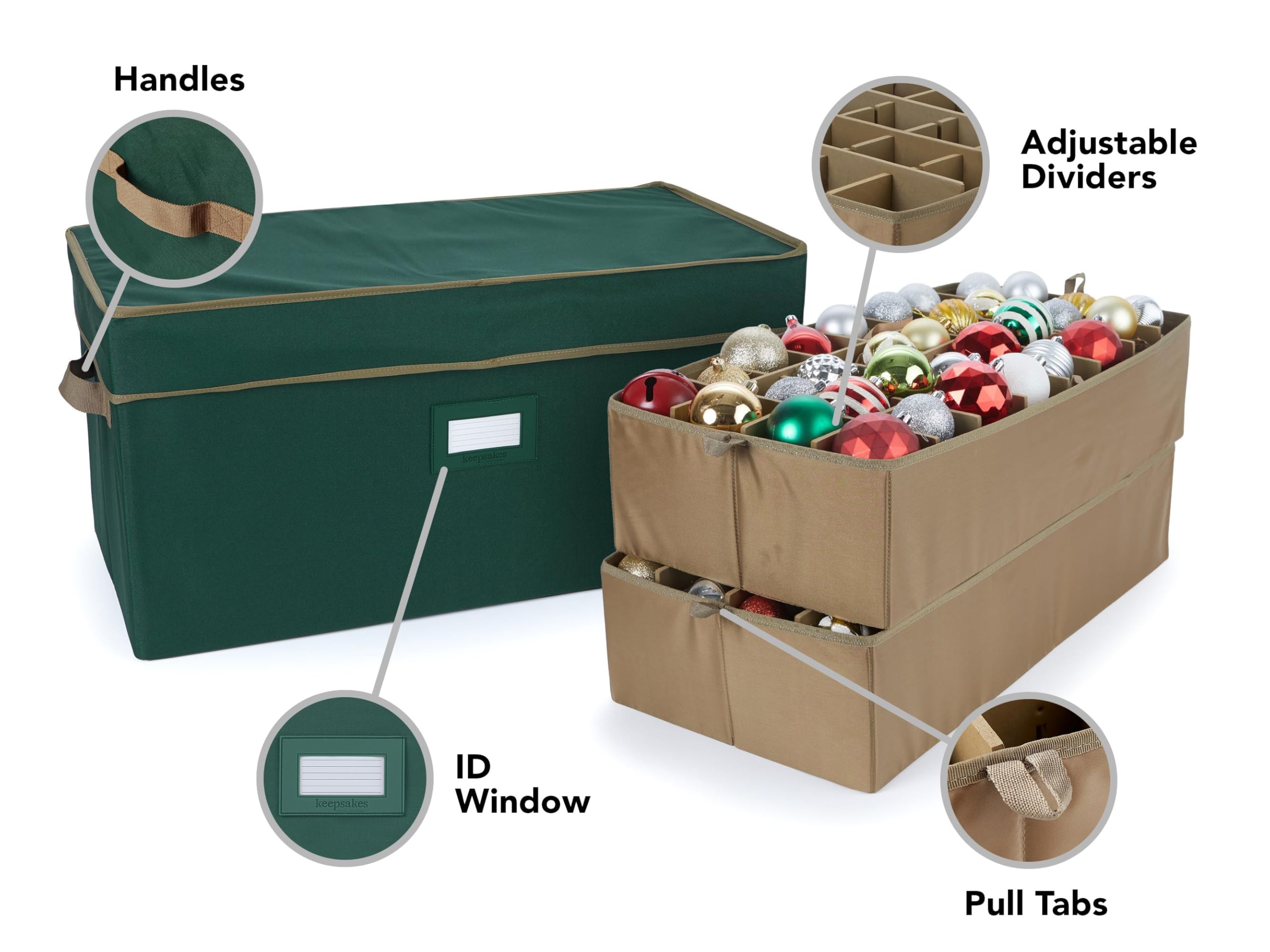 Covermates Keepsakes Adjustable Ornament Storage Box with Carrying Handles & Padded Protection - Holiday Decoration Organizer for Christmas Tree Ornaments, Home Storage Solution (Green)