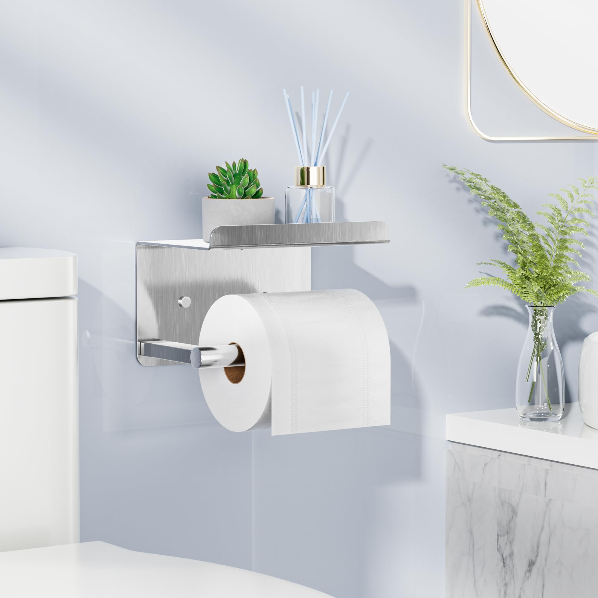 Stick-On Toilet Paper Holder with Phone Shelf - Wall Mounted Rustproof Bathroom Tissue Roll Holder with Storage Shelf - Space Saving Bathroom Organizer for Small Spaces (Silver) - Perfect for Apartments, RVs, and Compact Bathrooms