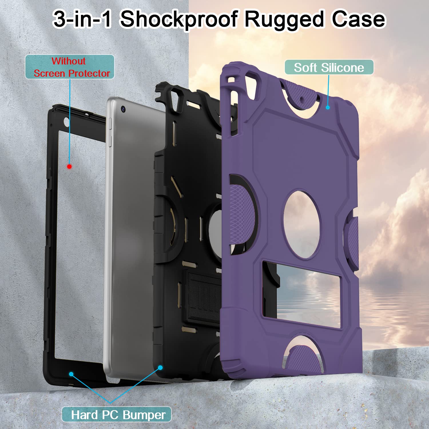 Shockproof Rugged Protective Case for iPad 9.7 Inch (6th/5th Gen, Air 2/1st Gen, Pro 9.7) - Heavy Duty Cover with Enhanced Drop Protection in Deep Purple - Perfect for Travel, Outdoor Adventures & Kids Use