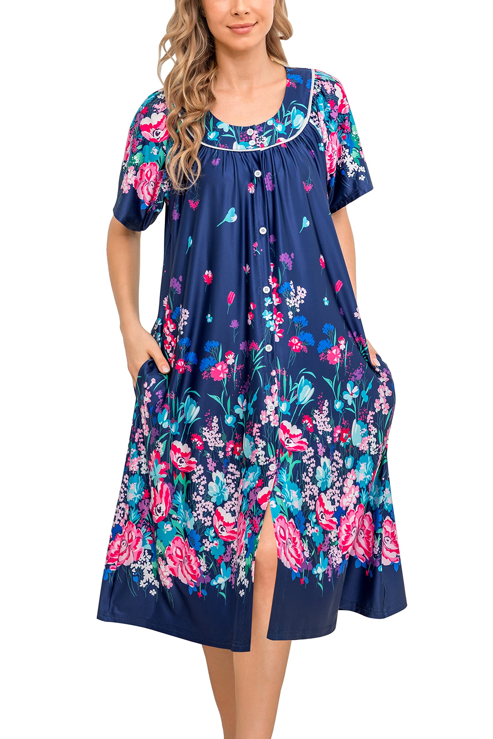 YOZLY Women's Short Sleeve House Dress - Comfortable Mumu Duster Robe with Pockets | Perfect for Lounging at Home, Running Errands & Maternity Wear