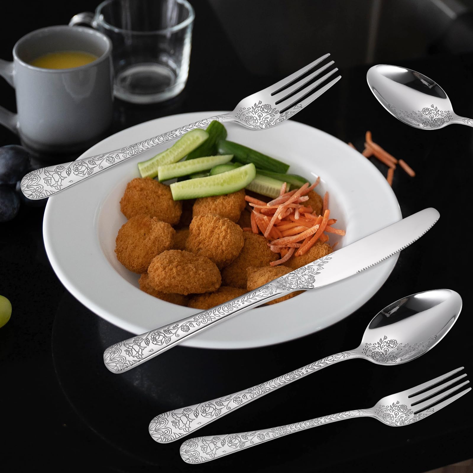 Floral Silverware Set - 6 Stainless Steel Flatware with Engraved Rose Design, 30-Piece Cutlery Set for Restaurant & Home Kitchen | Elegant Dining Utensils for Weddings, Parties & Daily Use