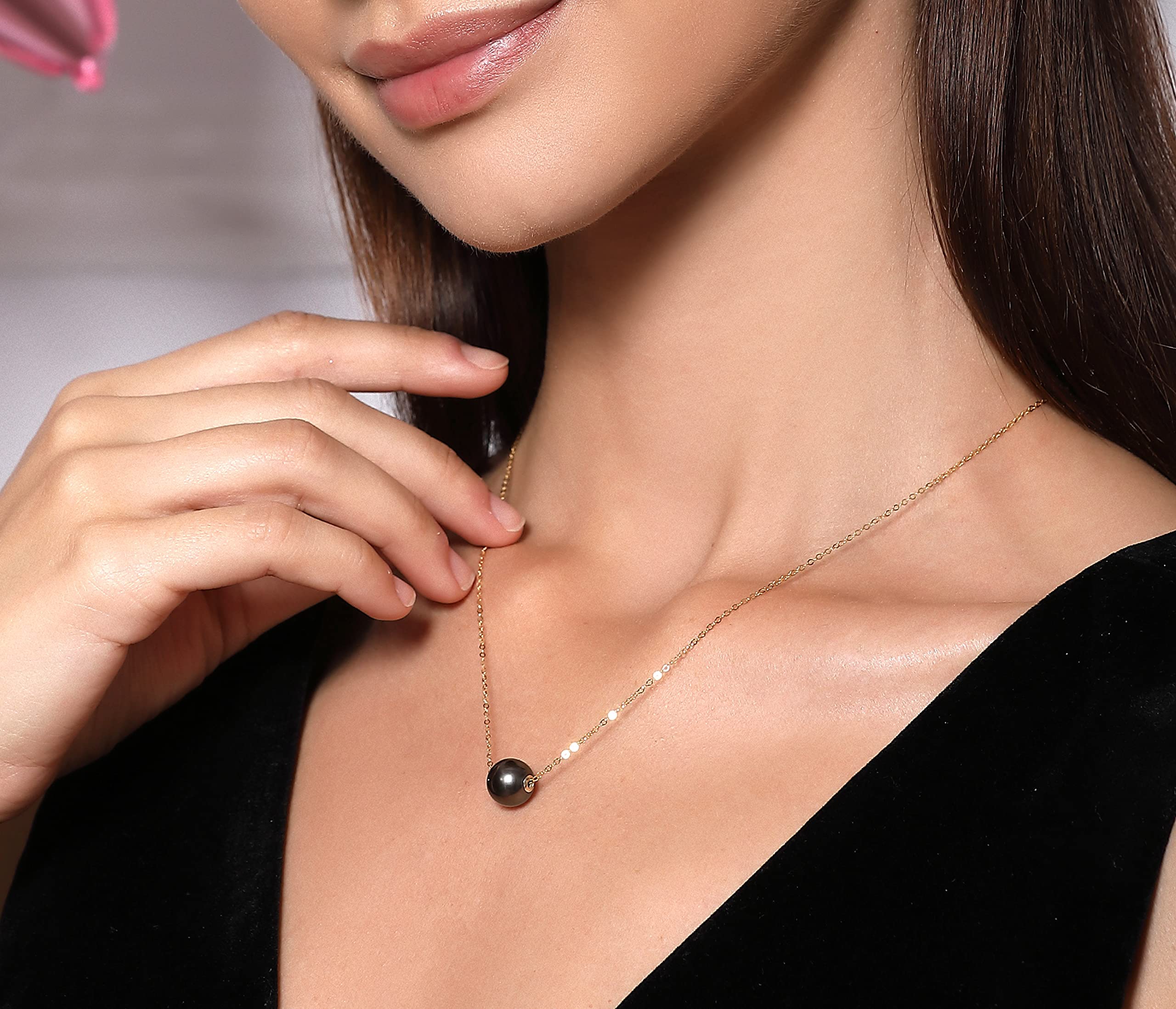 18K Gold Floating Tahitian Black Pearl Pendant Necklace - Solid Gold or Gold Plated Sterling Silver Chain - Elegant Jewelry Gift for Women, Wife, Mom, Daughter - Perfect for Birthday, Anniversary & Special Occasions