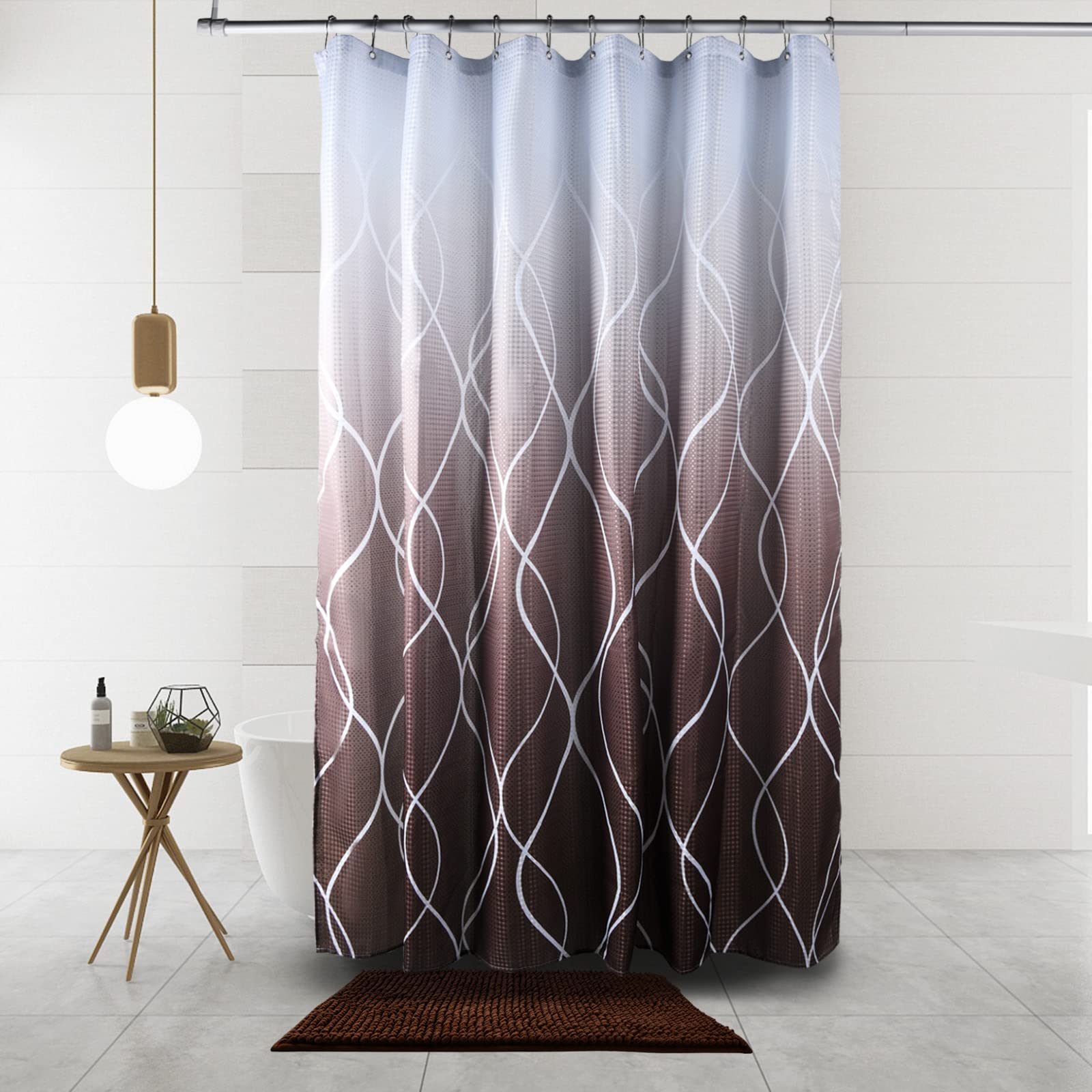 AUSOMGOO Waffle Weave Shower Curtain Set - 72x72 Inch Waterproof Bathroom Curtain with Matching Rugs & Hooks, Coffee Brown Gradient Fabric for Bathtub - Perfect for Modern, Spa-Like, and Cozy Bathroom Decor