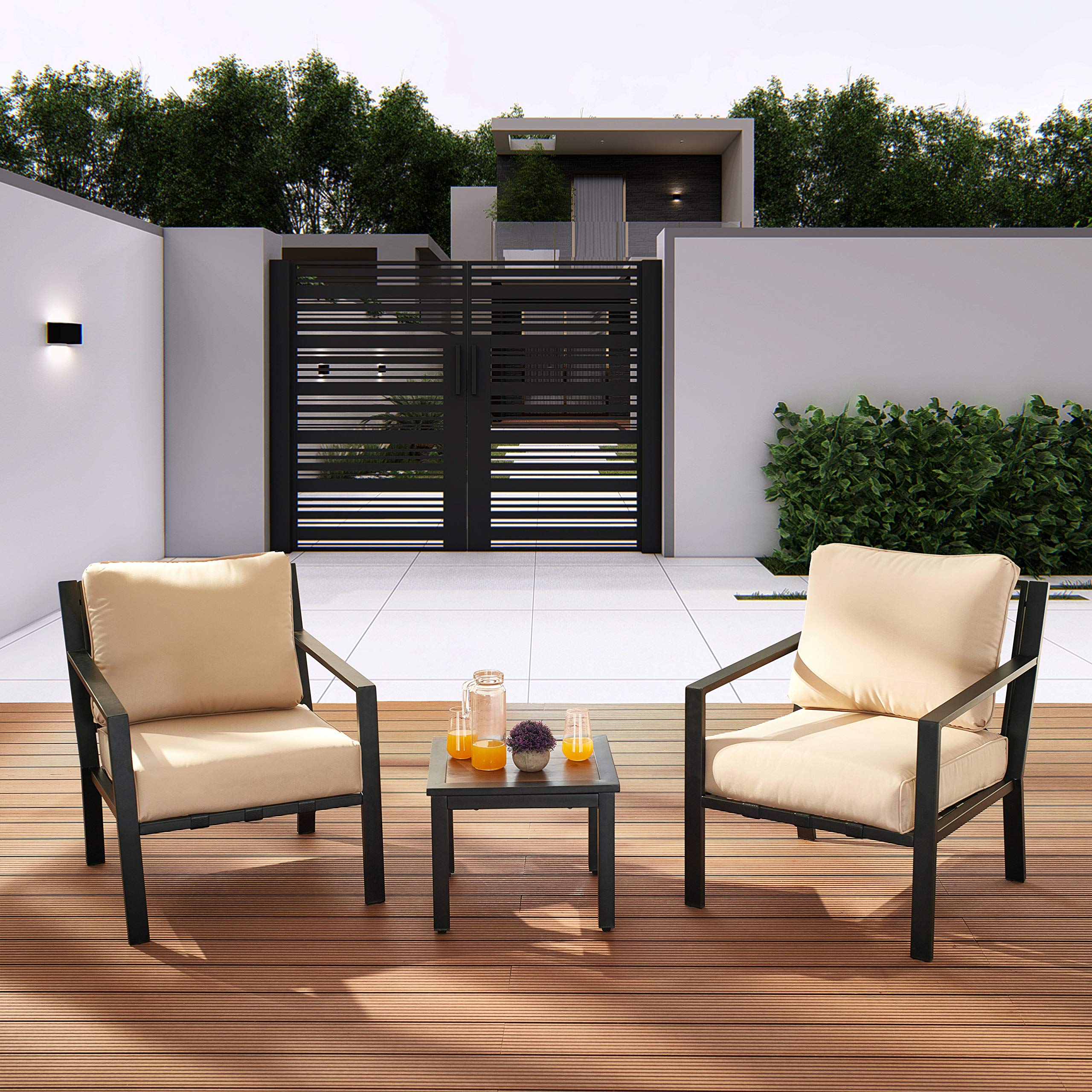 LOKATSE HOME 3-Piece Patio Bistro Set - Steel Outdoor Dining Set with Cushioned Chairs & Side Coffee Table - Beige Conversation Furniture for Garden, Balcony, Backyard & Poolside Relaxation