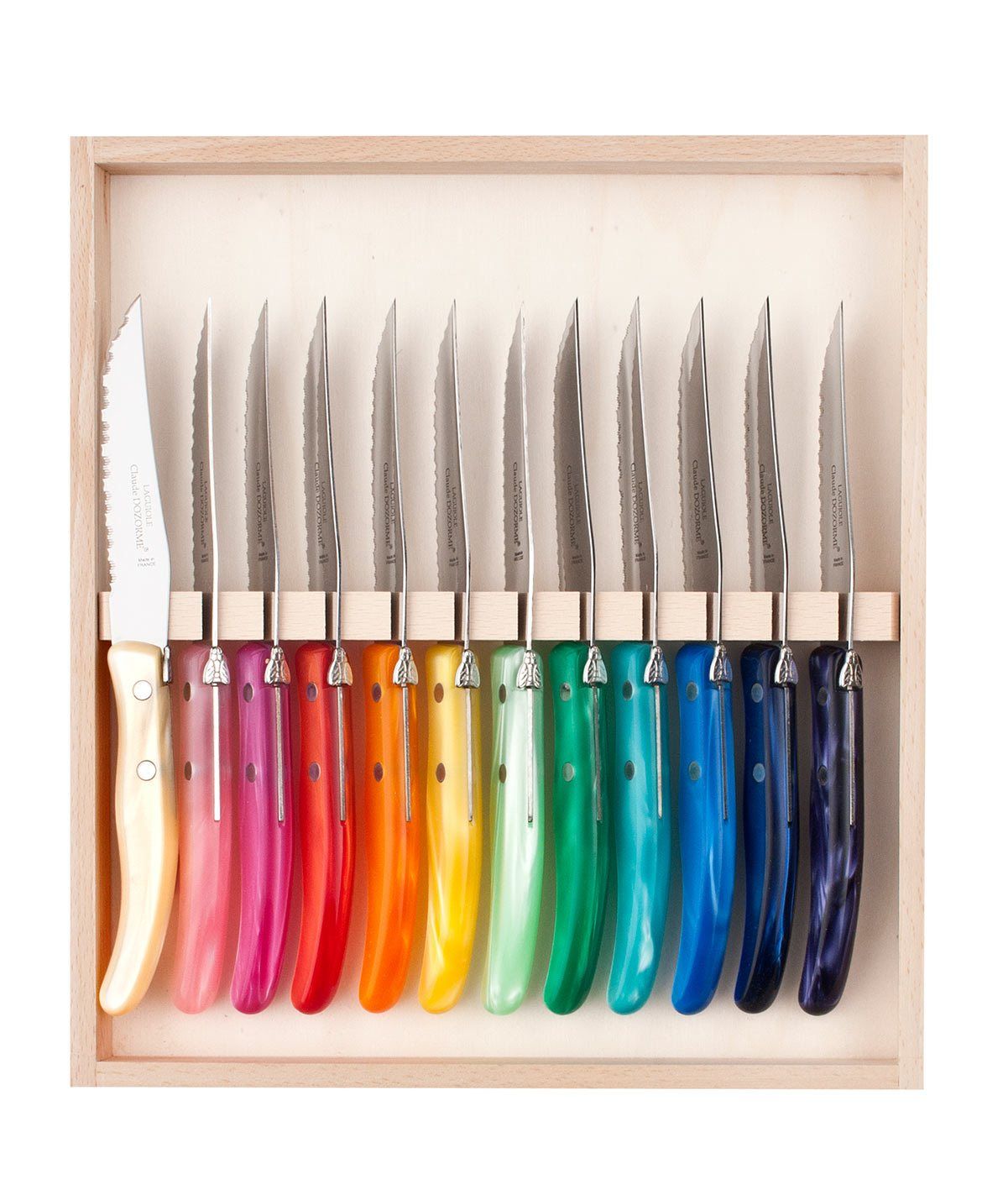 Premium Berlingot Box Steak Knives Set - 12-Piece with Colorful Ergonomic Handles - Perfect for Steak Dinners, BBQ Parties & Kitchen Gifting