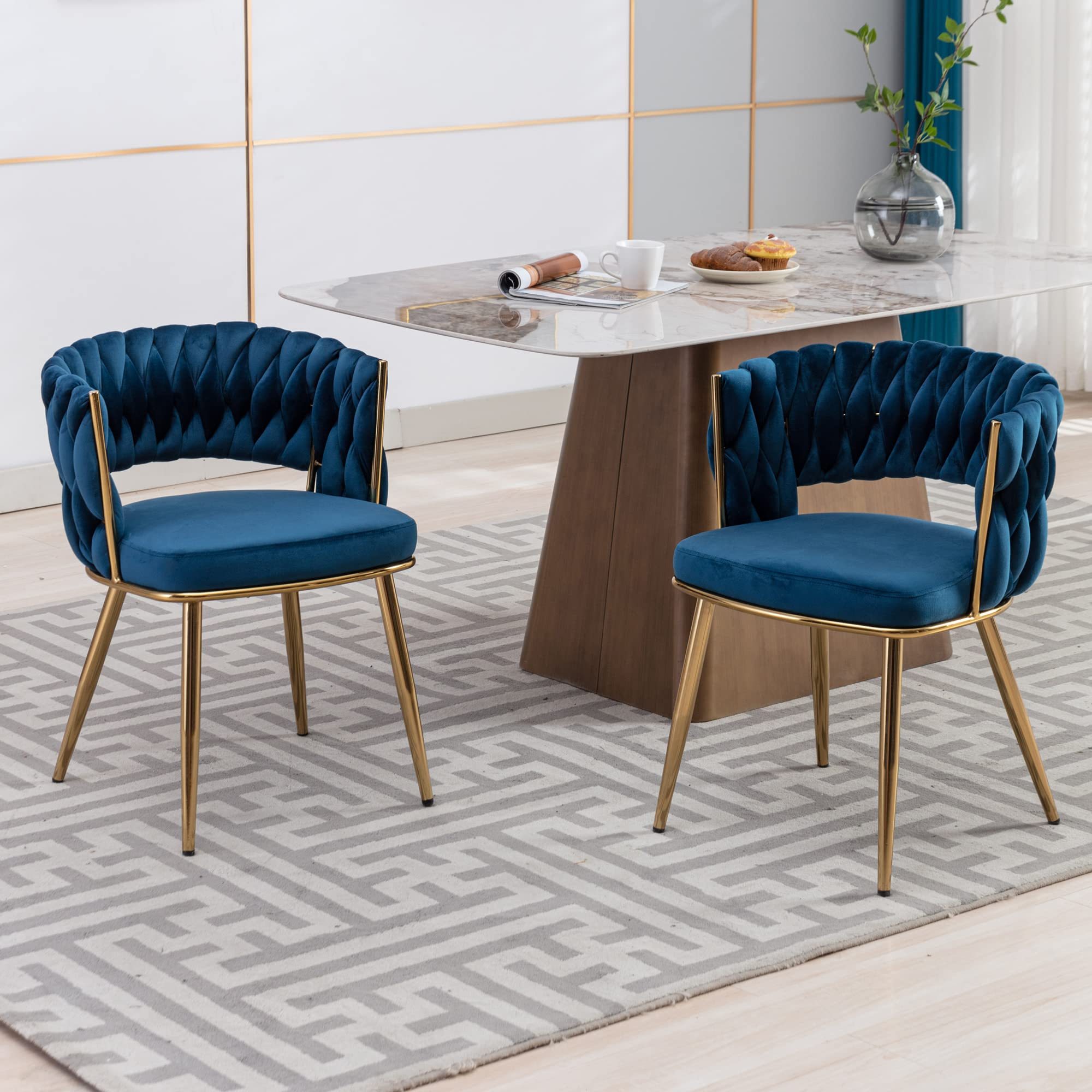 KCC Modern Velvet Dining Chairs Set of 2 - Blue Upholstered Living Room Chairs with Woven Back & Gold Metal Legs, Mid-Century Accent Side Chairs for Dining Room, Kitchen, Office or Lounge - Perfect for Entertaining Guests or Cozy Family Meals