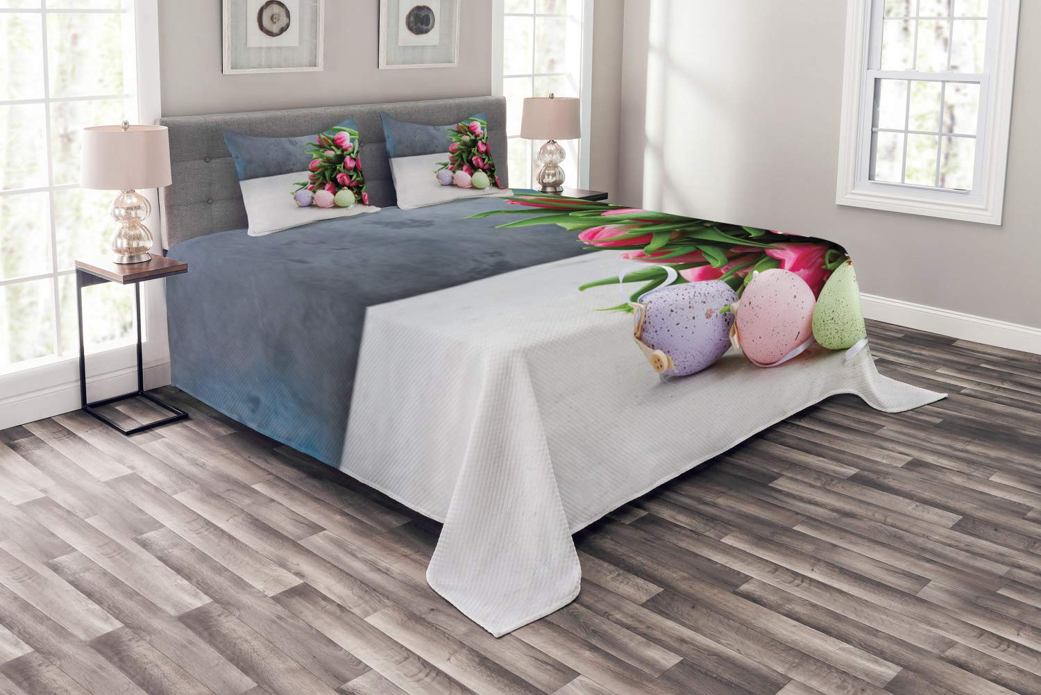 Ambesonne King Size 3-Piece Quilted Bedspread Set with 2 Pillow Shams - Floral Tulip & Easter Egg Design, Multicolor Decorative Coverlet for Spring Bedroom Decor | Perfect for Easter, Home Staging & Guest Room Makeovers